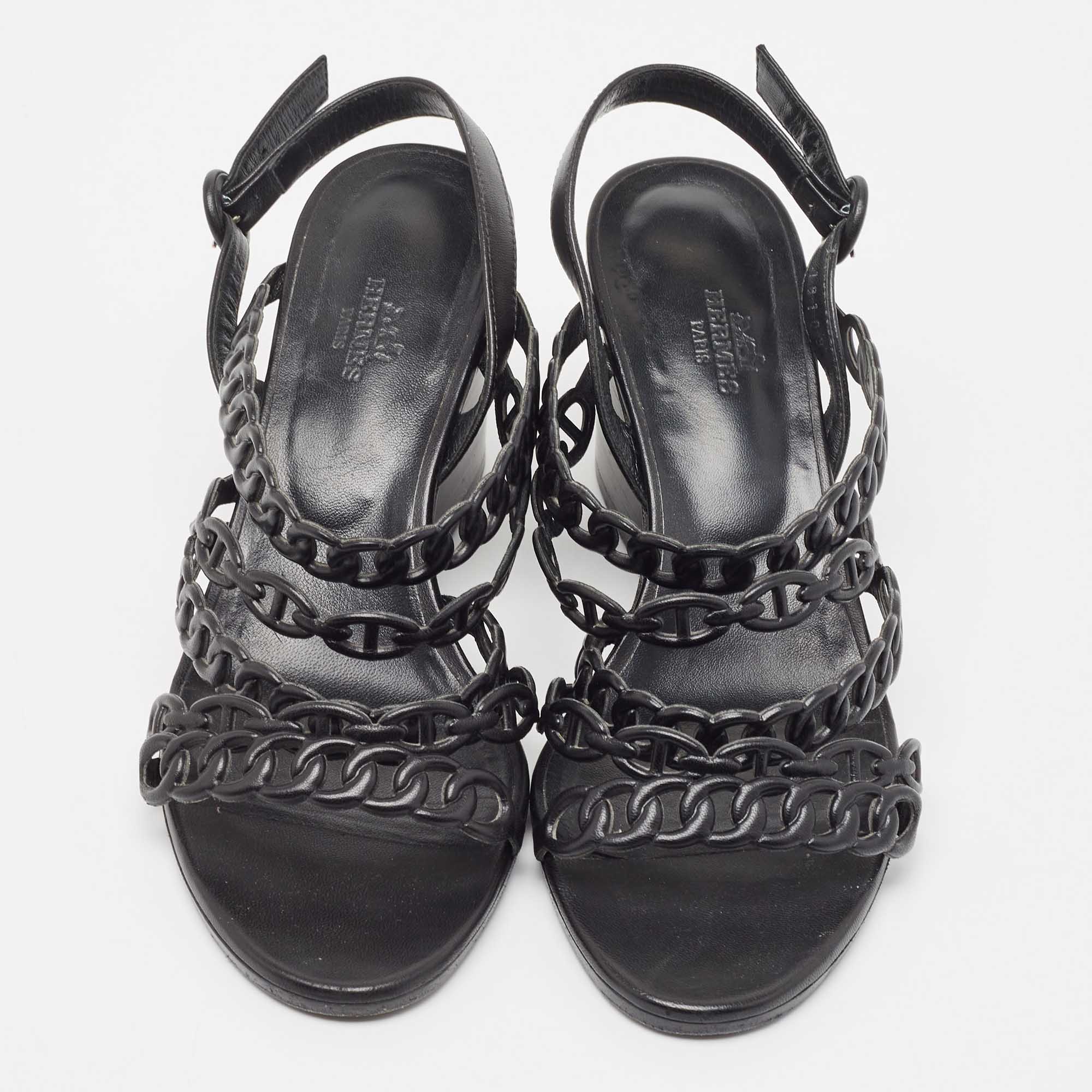 Hermes Black Leather Romanza Slingback Sandals Size 38