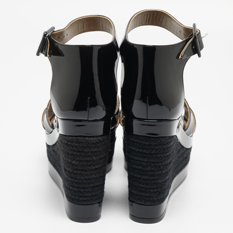 Hermes Black Patent Leather Ilana Espadrille Wedge Sandals Size 40