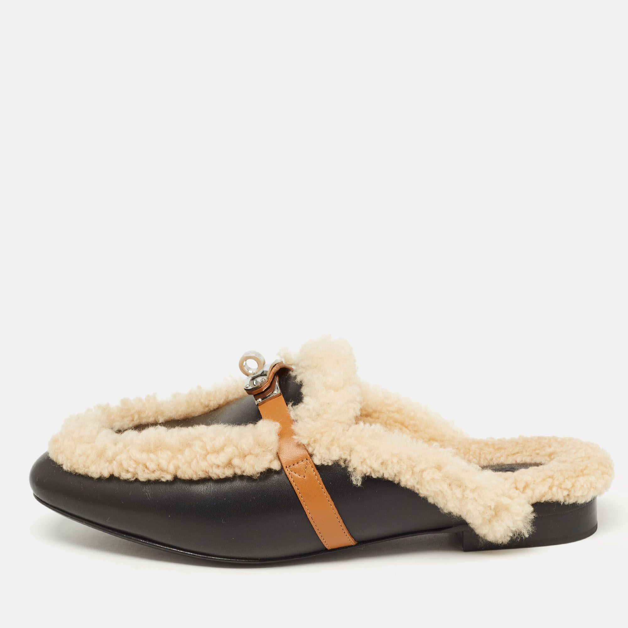 Hermes Black/Beige Leather And Shearling Fur Oz Flat Mules Size 40