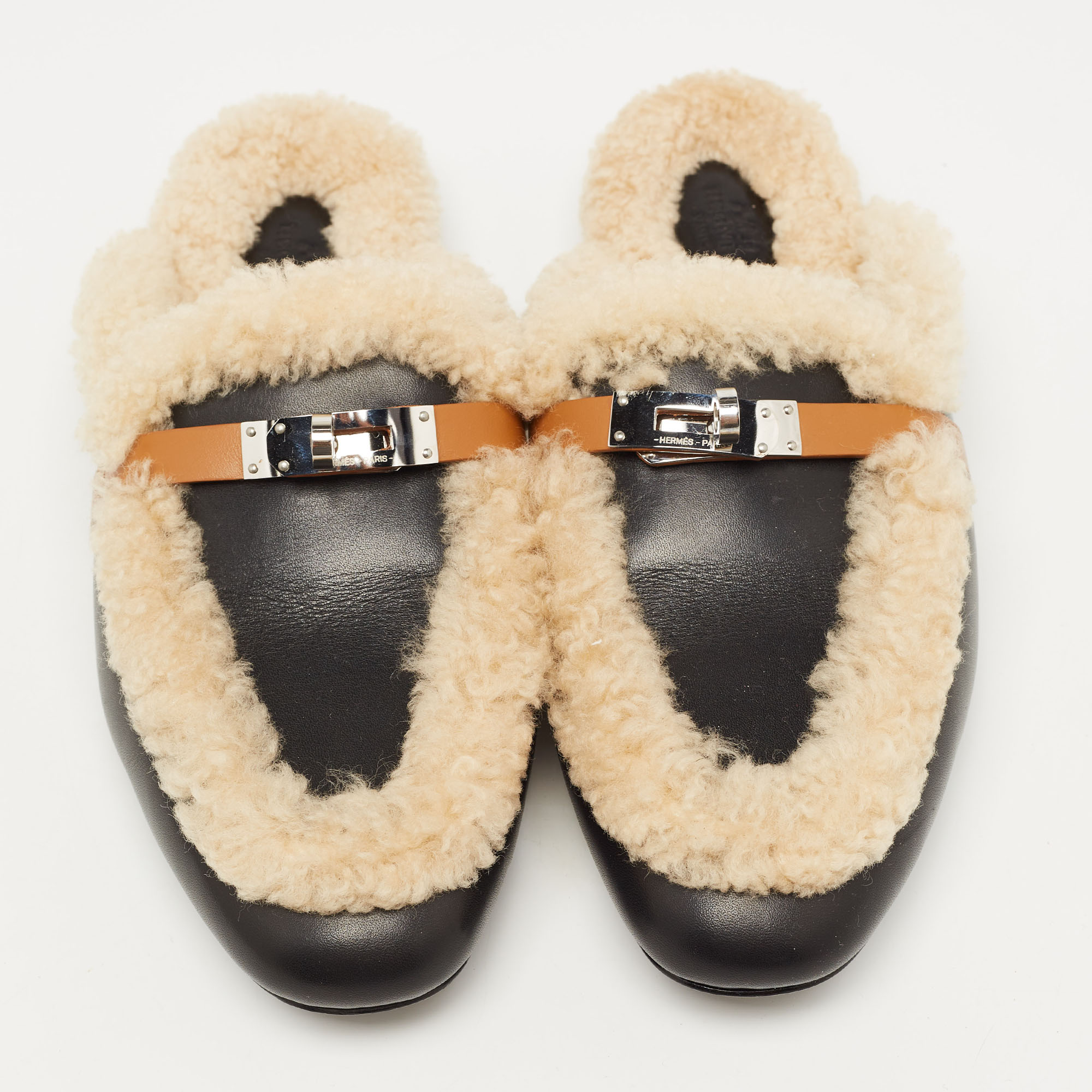 Hermes Black/Beige Leather And Shearling Fur Oz Flat Mules Size 40