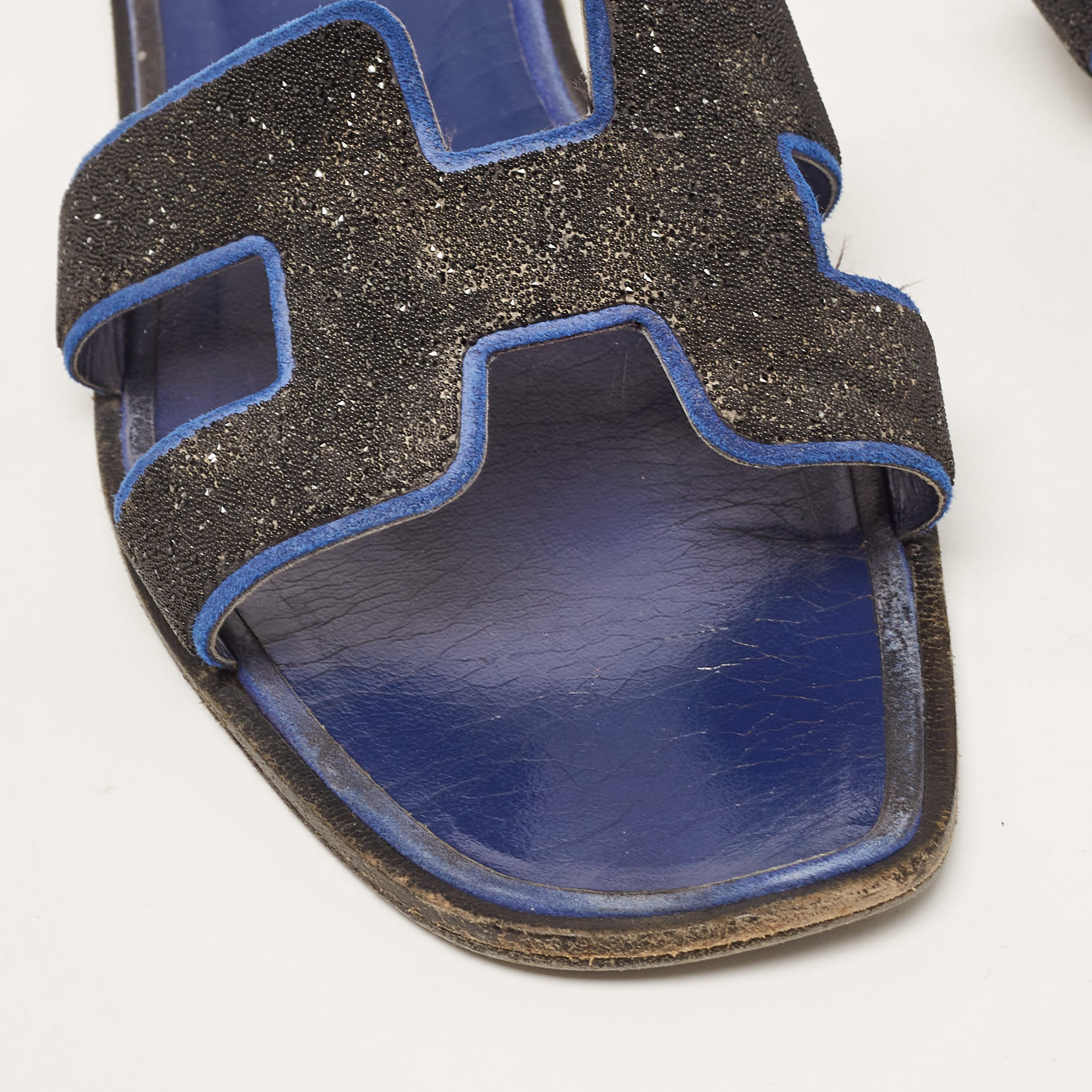 Hermes Black/Blue Suede Crystal Embellished Oran Flat Slides Size 40