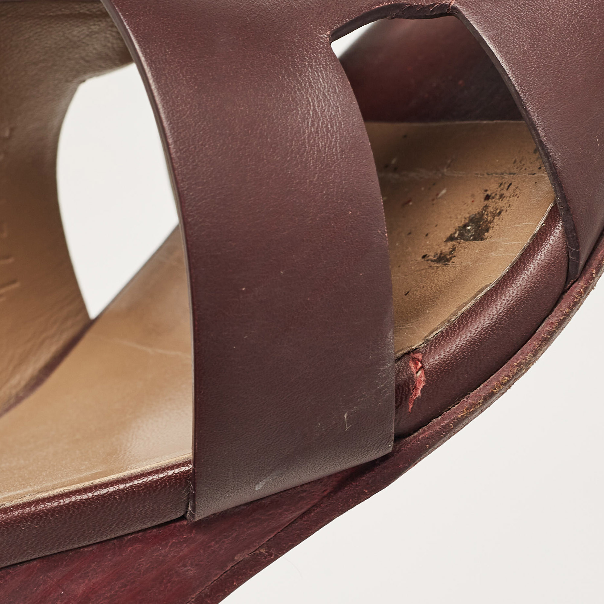 Hermes Burgundy Leather Legend Wedge Sandals Size 37.5