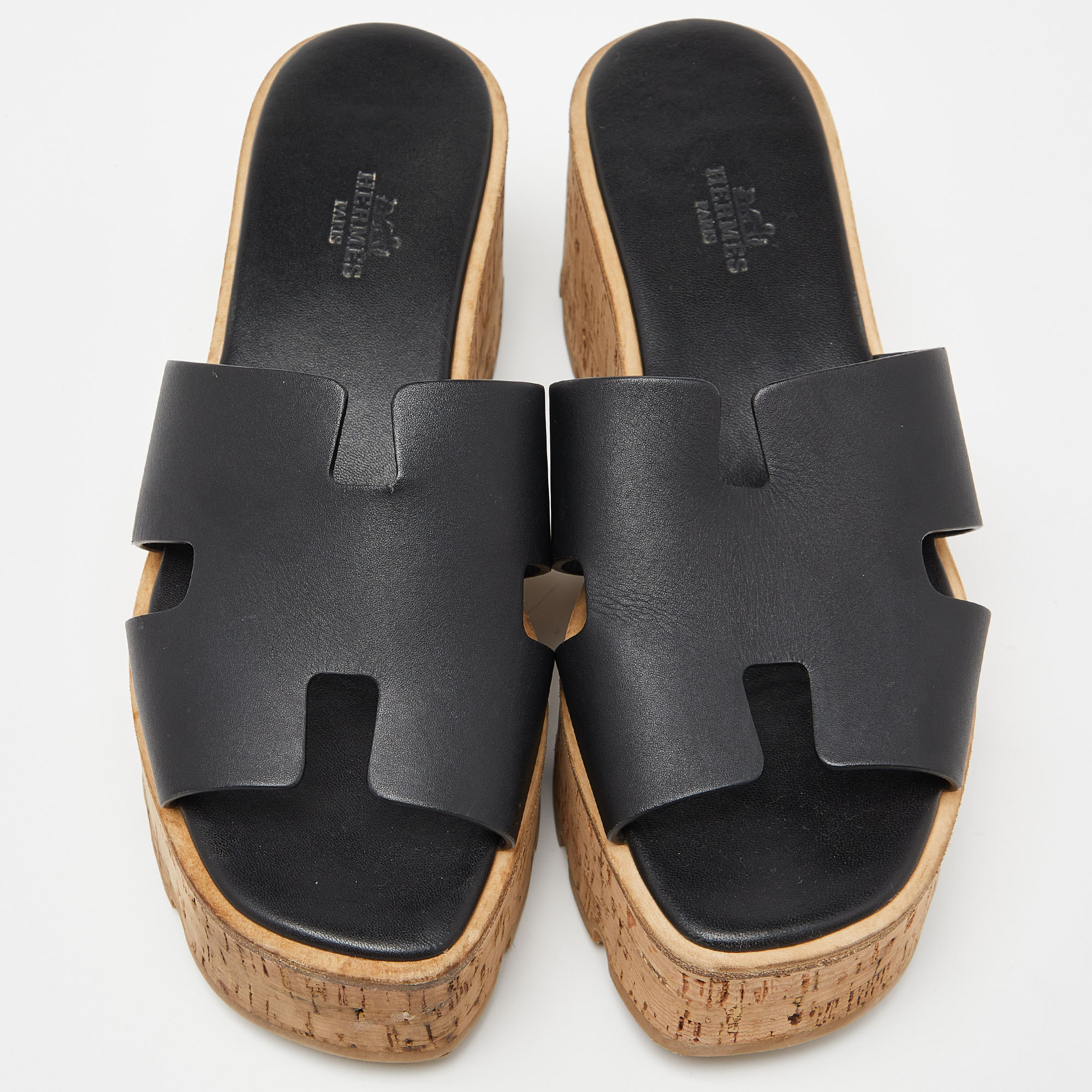Hermes Black Leather Eze Platform Sandals Size 37