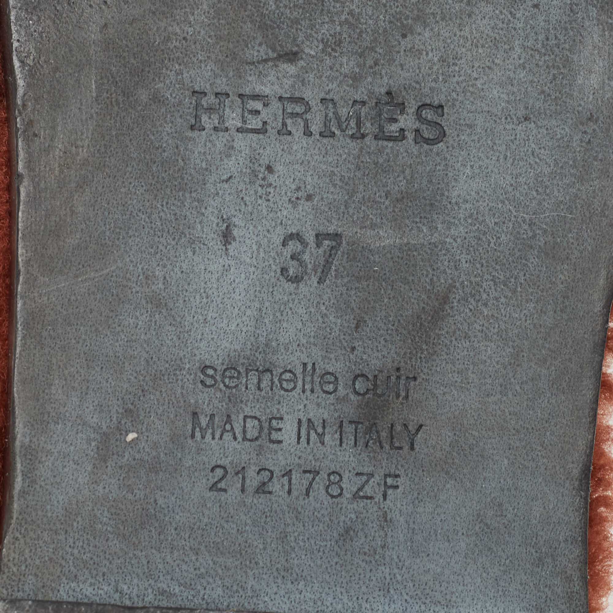 Hermes Brown Fur Oran Flat Slides Size 37