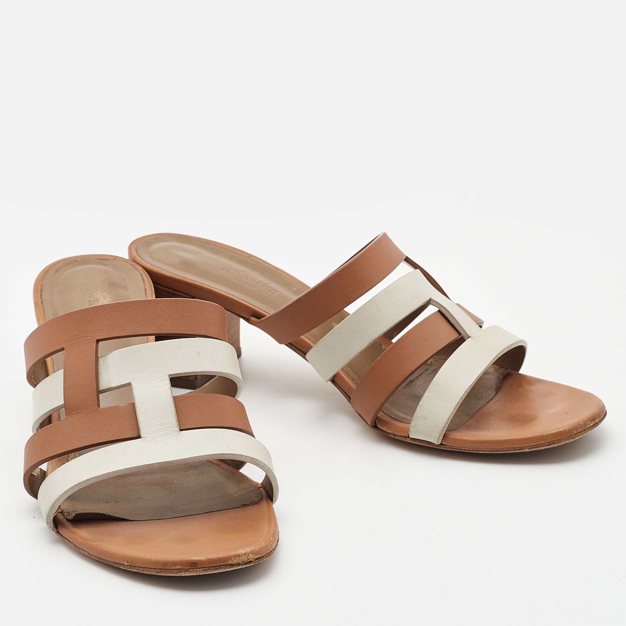 Hermes Brown/White Leather Amica Sandals Size 39.5
