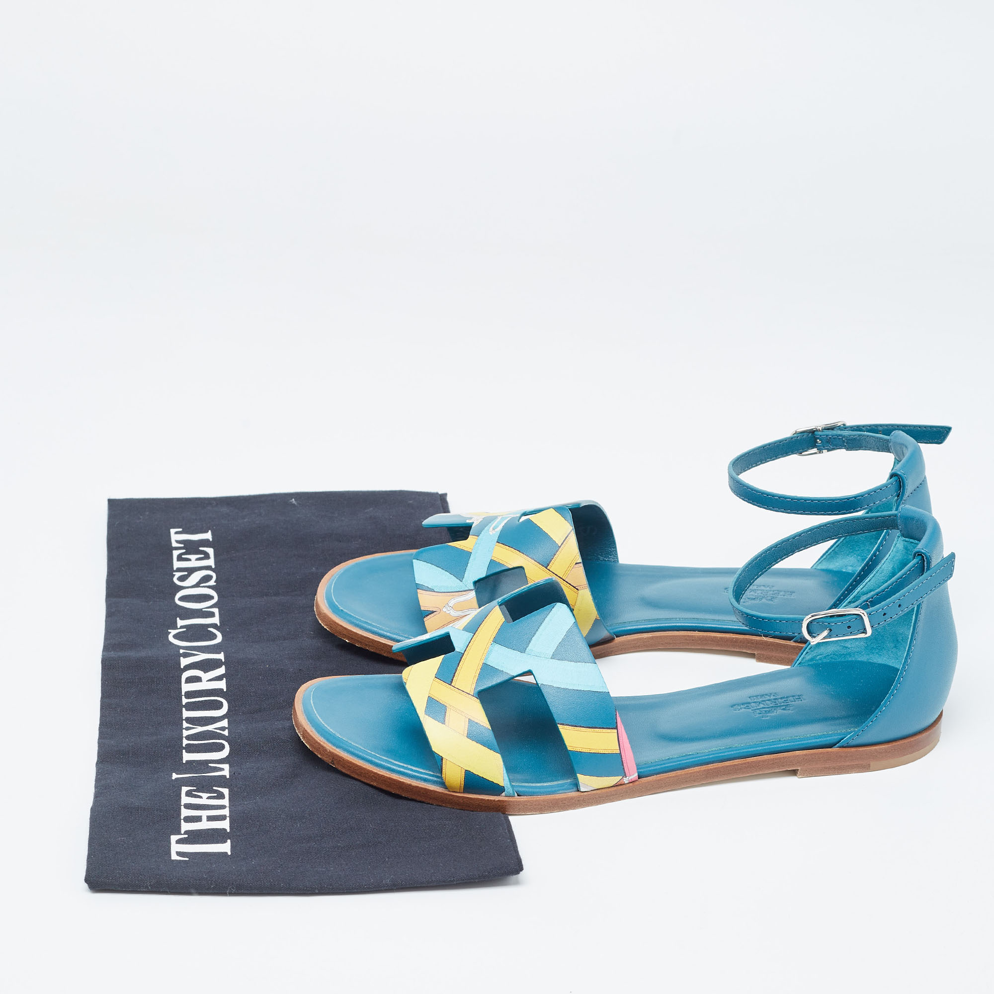 Hermes Blue Leather Santorini Ankle Strap Sandals Size 37.5