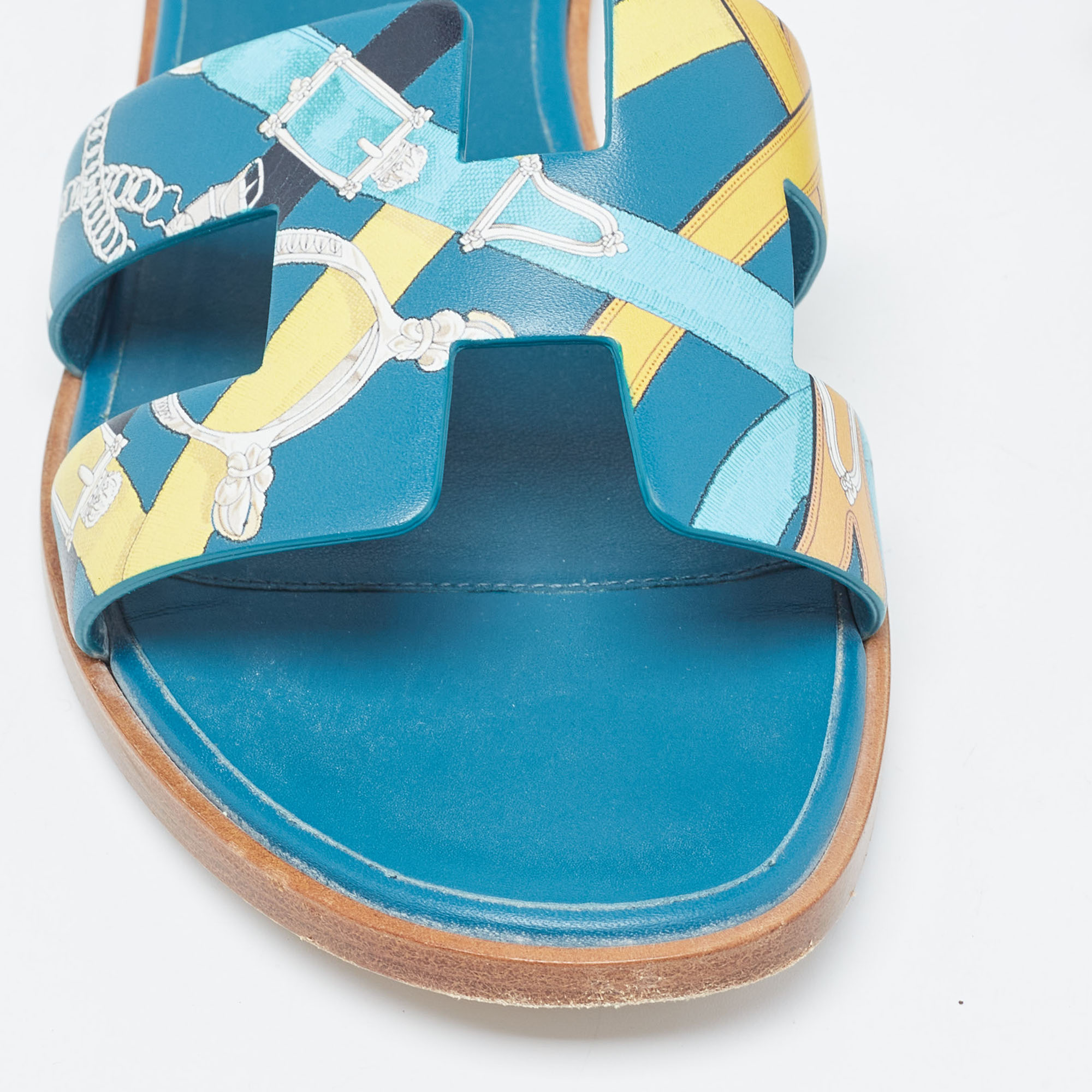 Hermes Blue Leather Santorini Ankle Strap Sandals Size 37.5