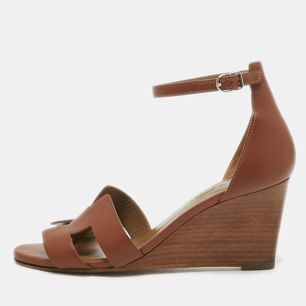 Hermes Brown Leather Legend Wedge Ankle Strap Sandals Size 37
