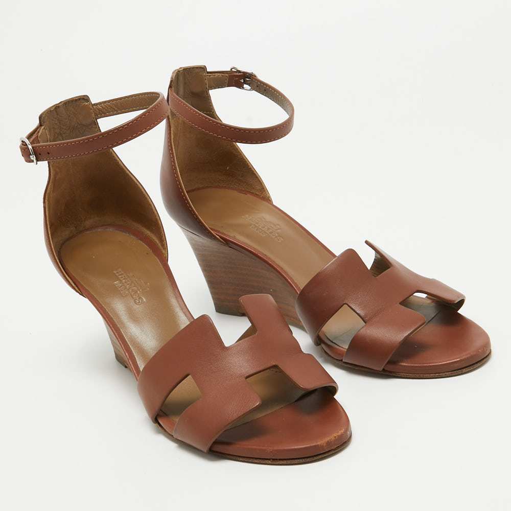 Hermes Brown Leather Legend Wedge Ankle Strap Sandals Size 37