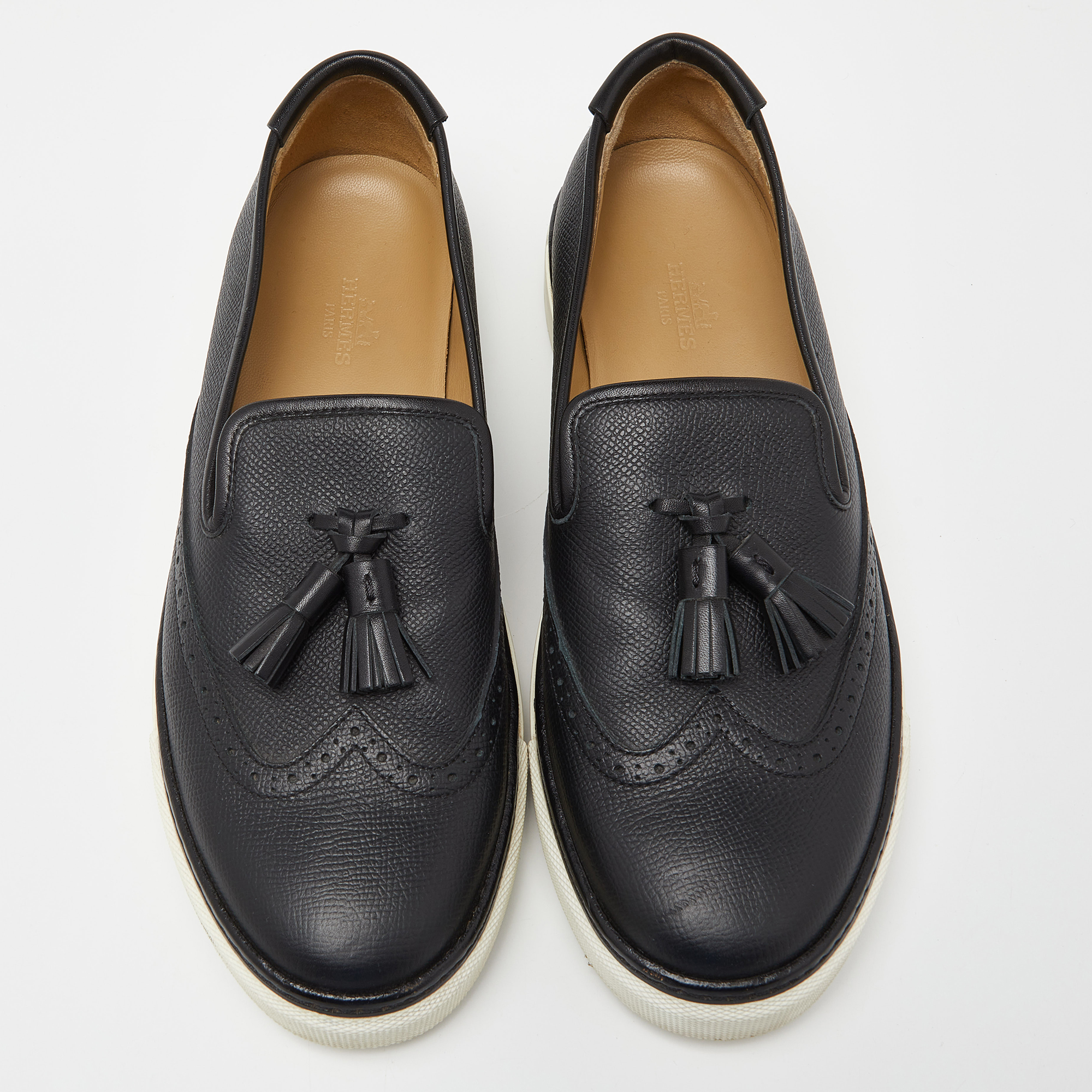 Hermes Black Brogue Leather Tassel Slip On Sneakers Size 38