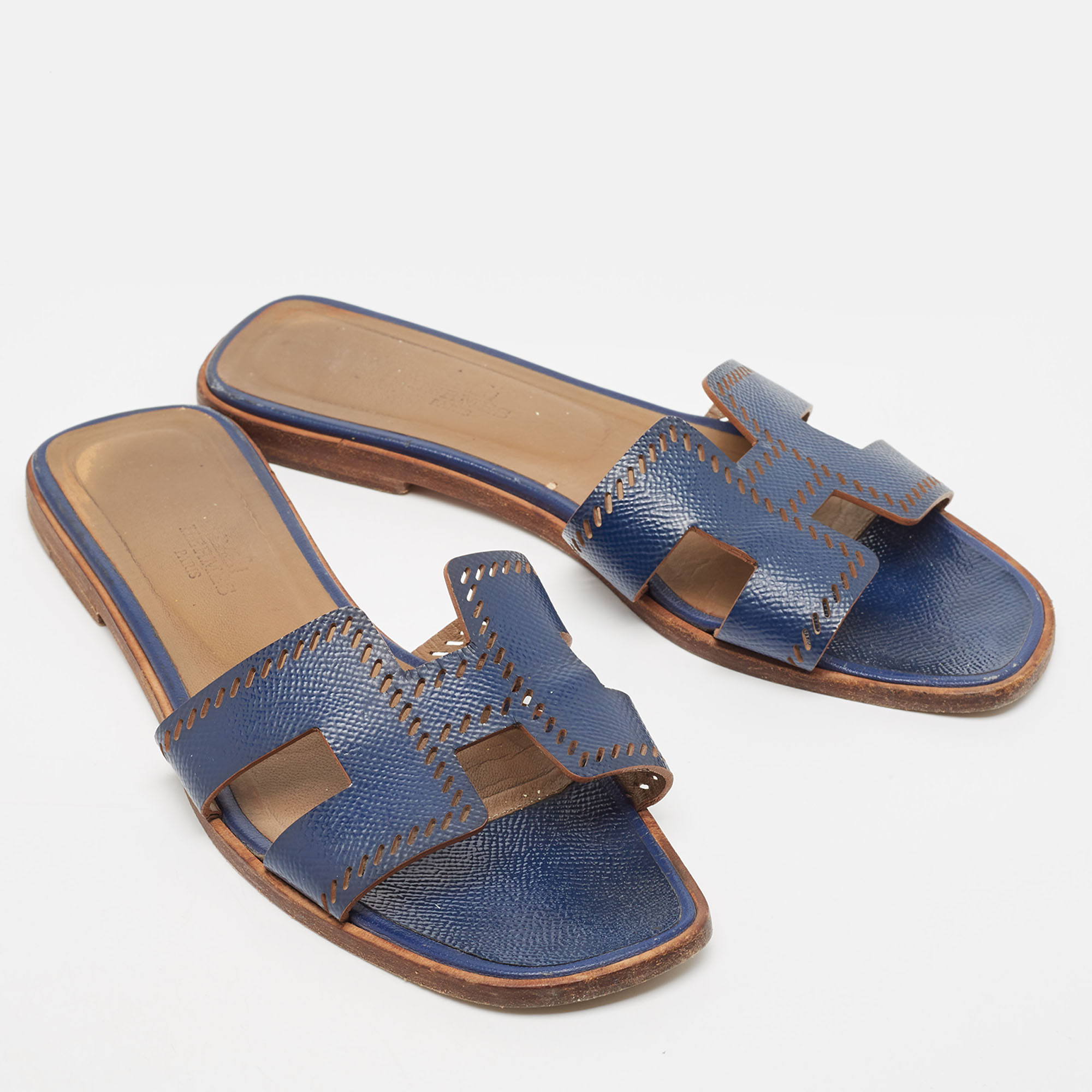 Hermes Blue Textured Leather Oran Flat Slides Size 38