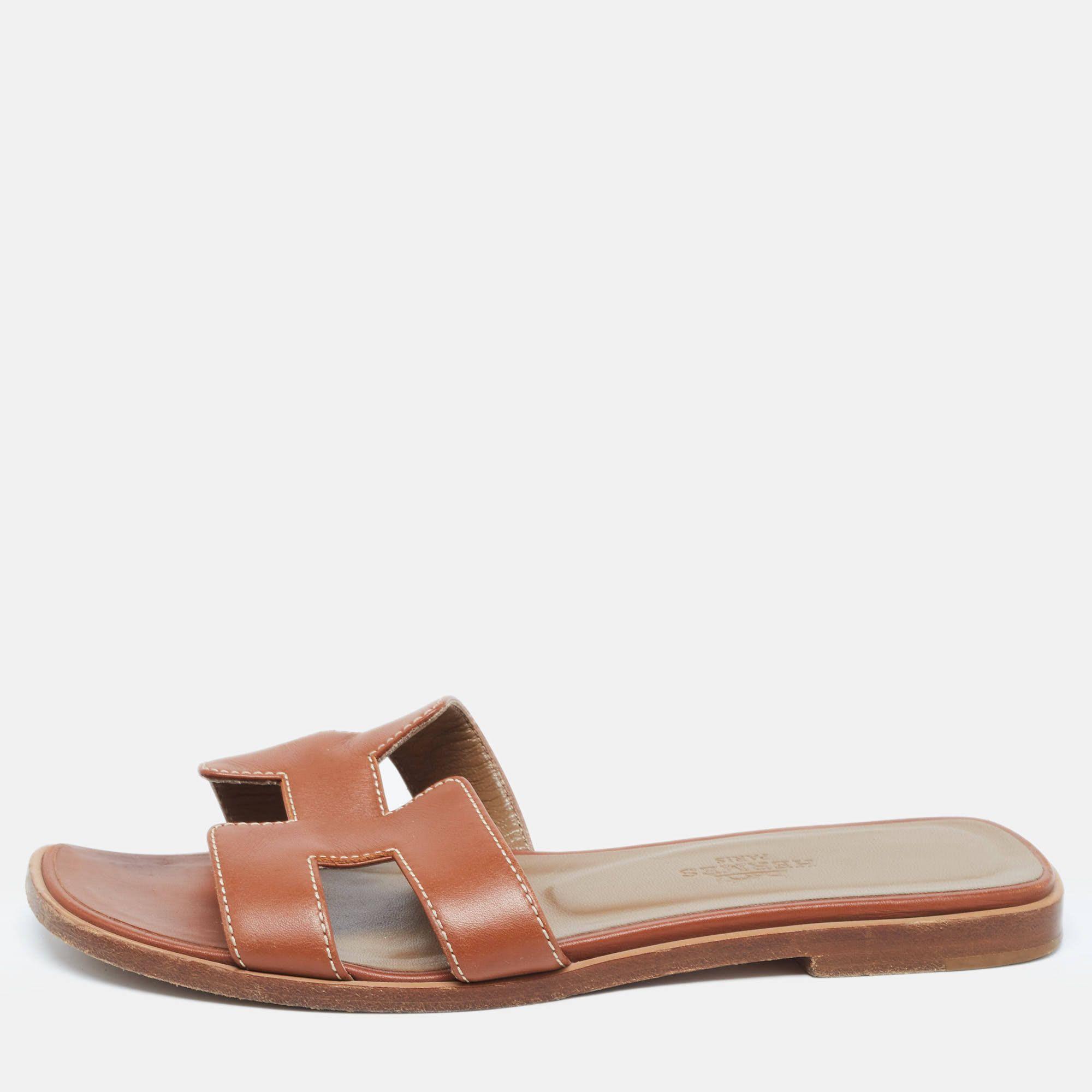 Hermes Tan Leather Oran Flat Slides Size 34.5