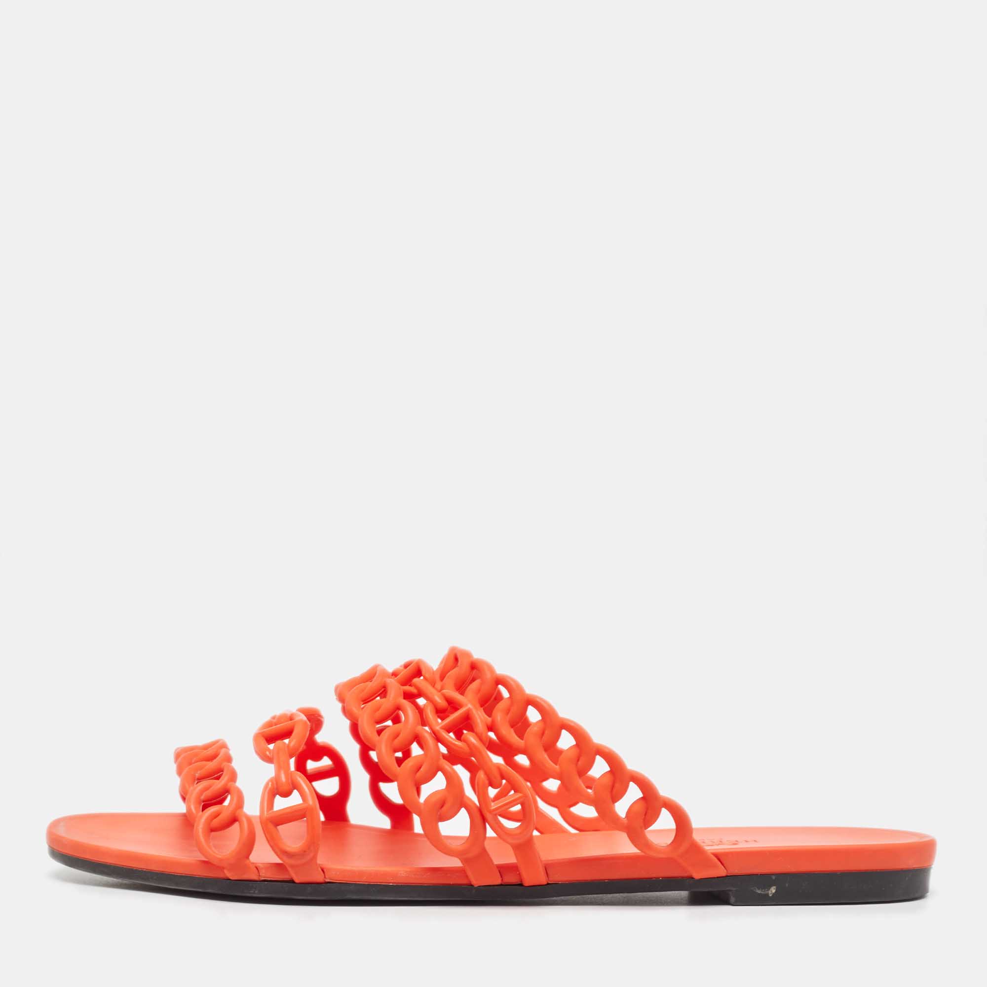 Hermes Orange Jelly Chaine D'Ancre Flat Slides Size 39