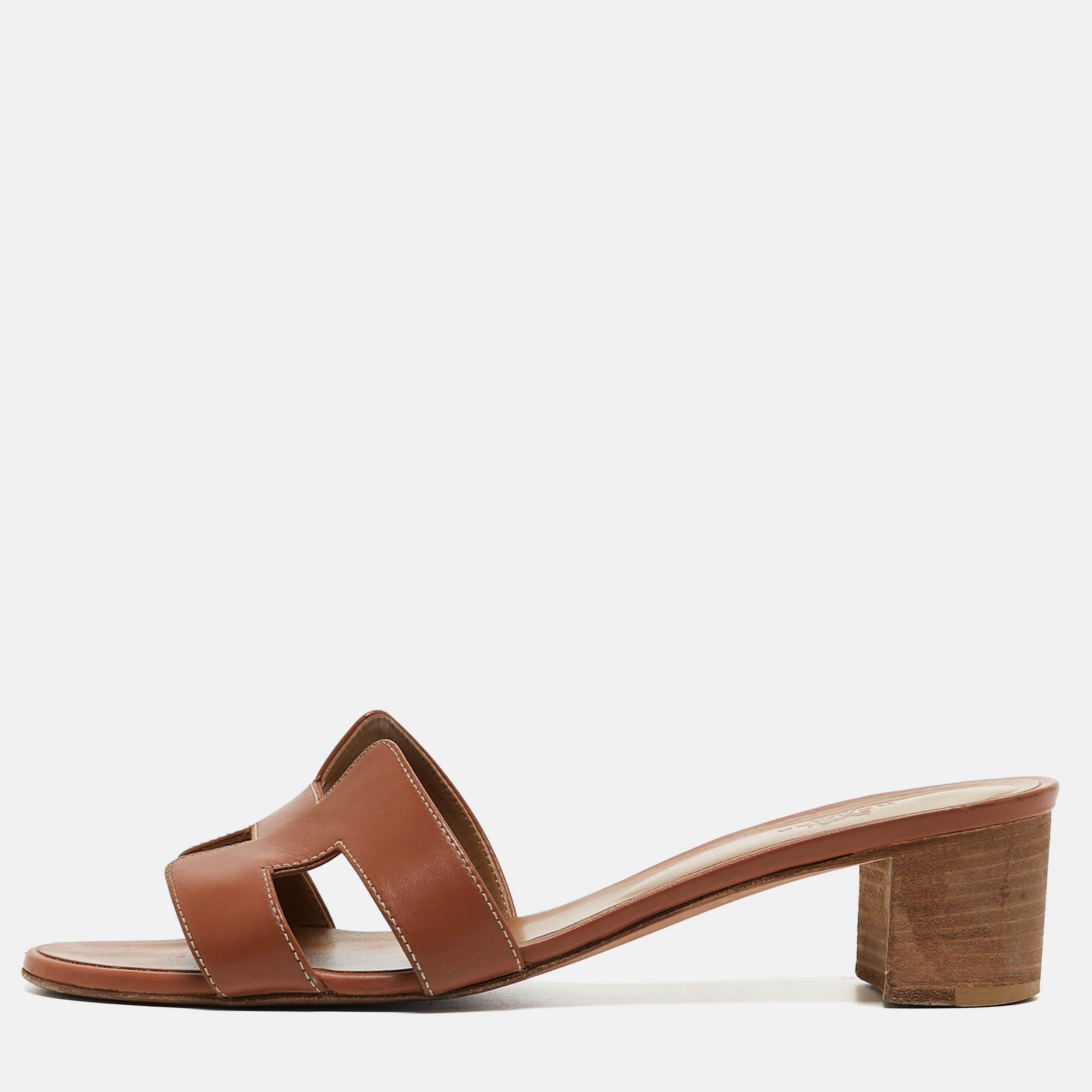 Hermes Brown Leather Oasis Slides Sandals Size 40.5