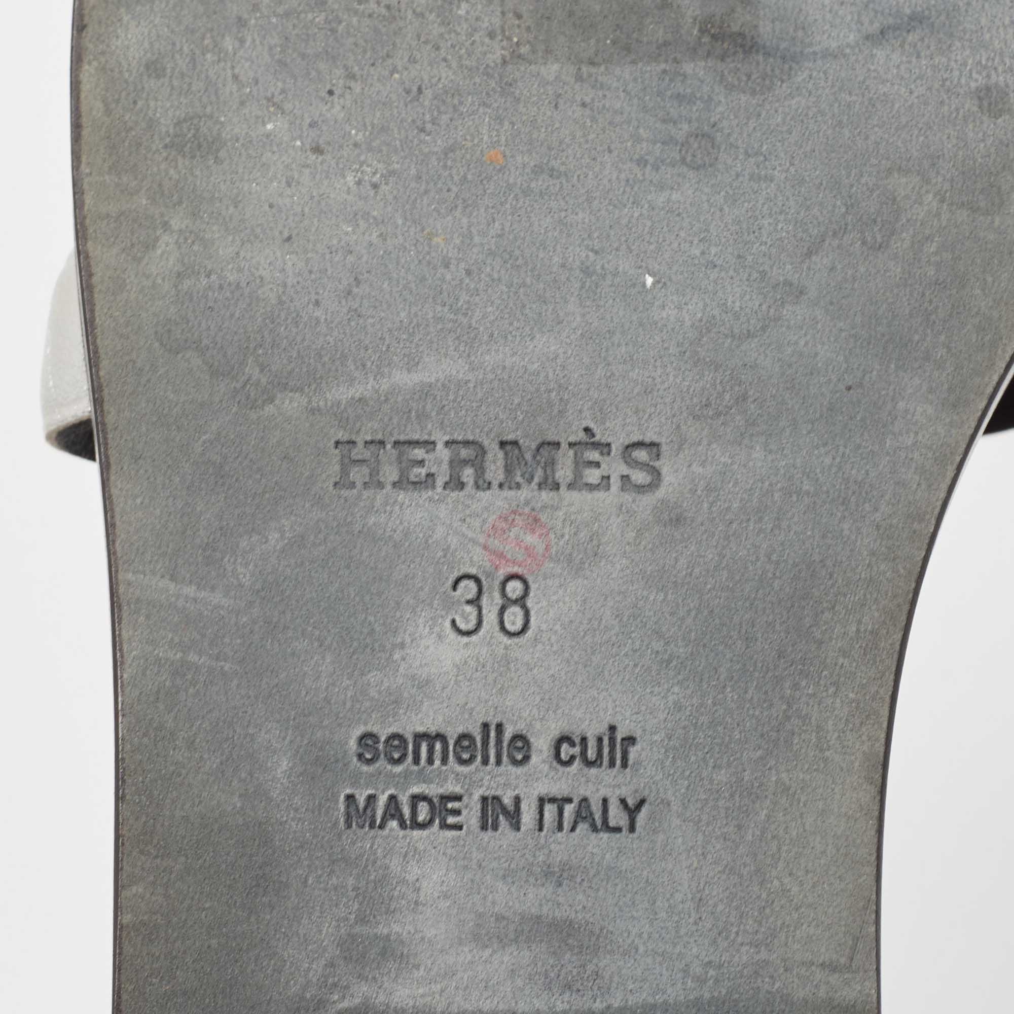 Hermes Silver Leather Omaha Flat Slides Size 38
