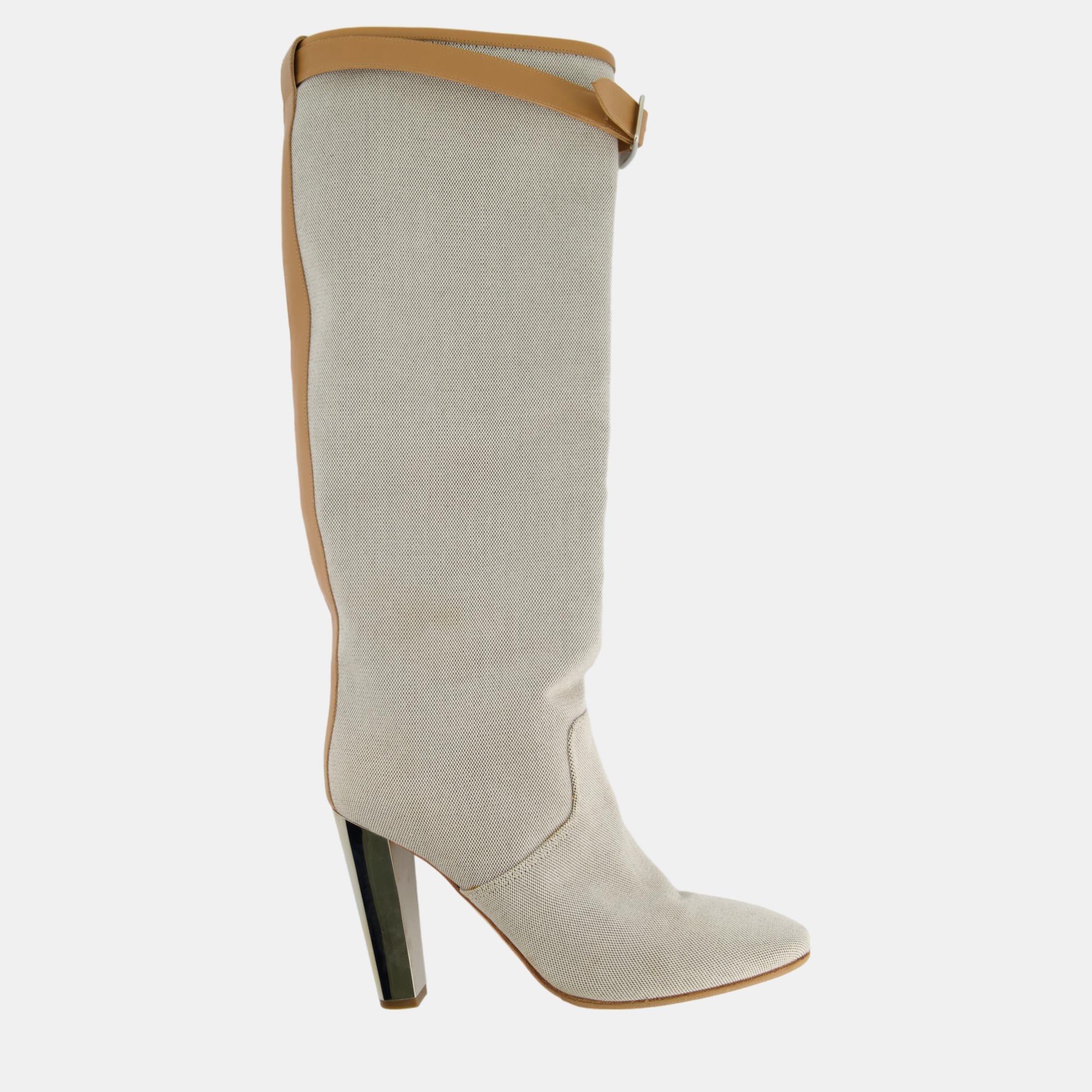 Hermes stone canvas knee high boots with tan buckle detail size eu 38