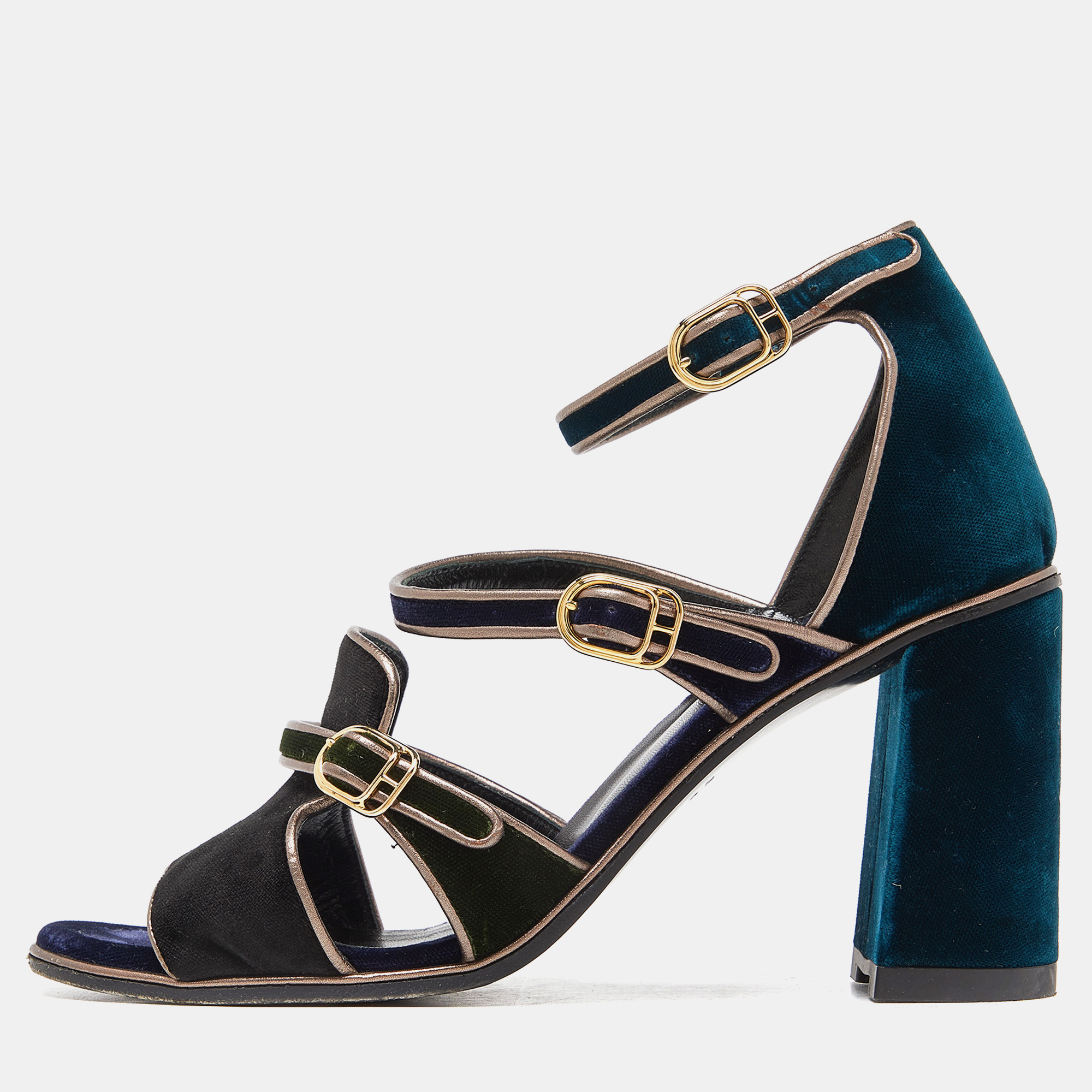 Hermes herm&egrave;s multicolor velvet ankle strap block heel sandals size 38.5