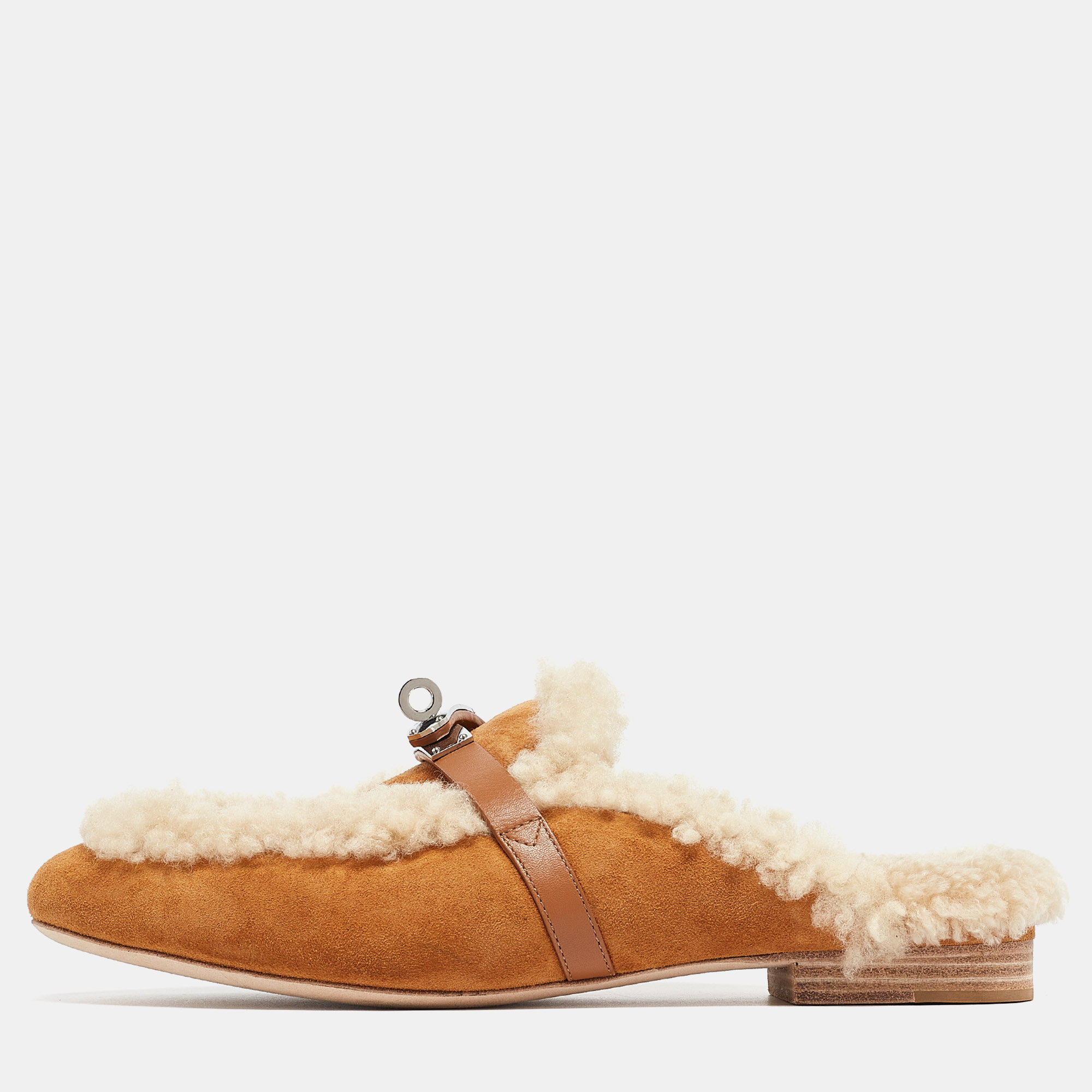 Hermes light brown suede and fur oz mules size 40