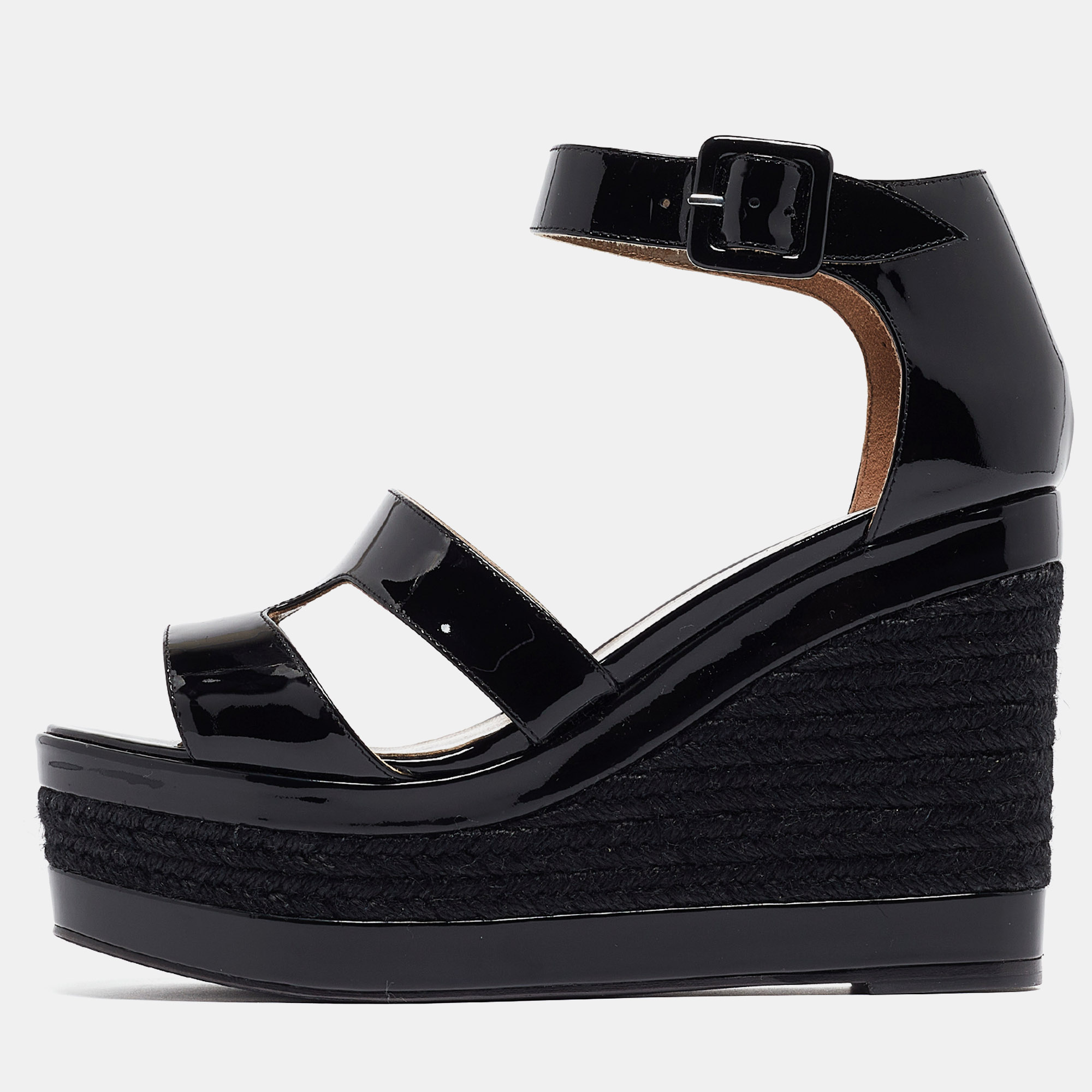 Hermes black patent leather ilana espadrille wedges sandals size 37