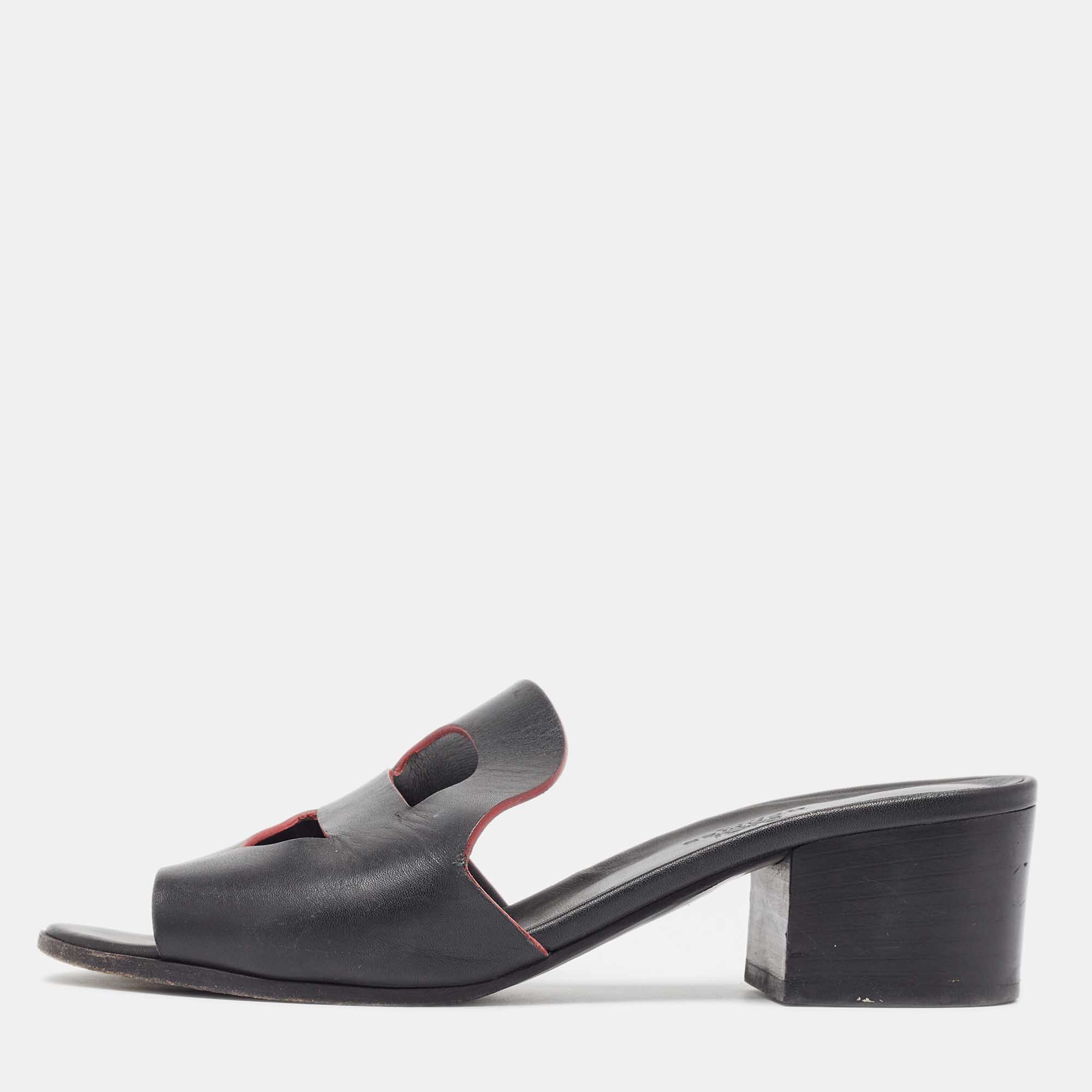 Hermes black leather mona sandals size 36.5