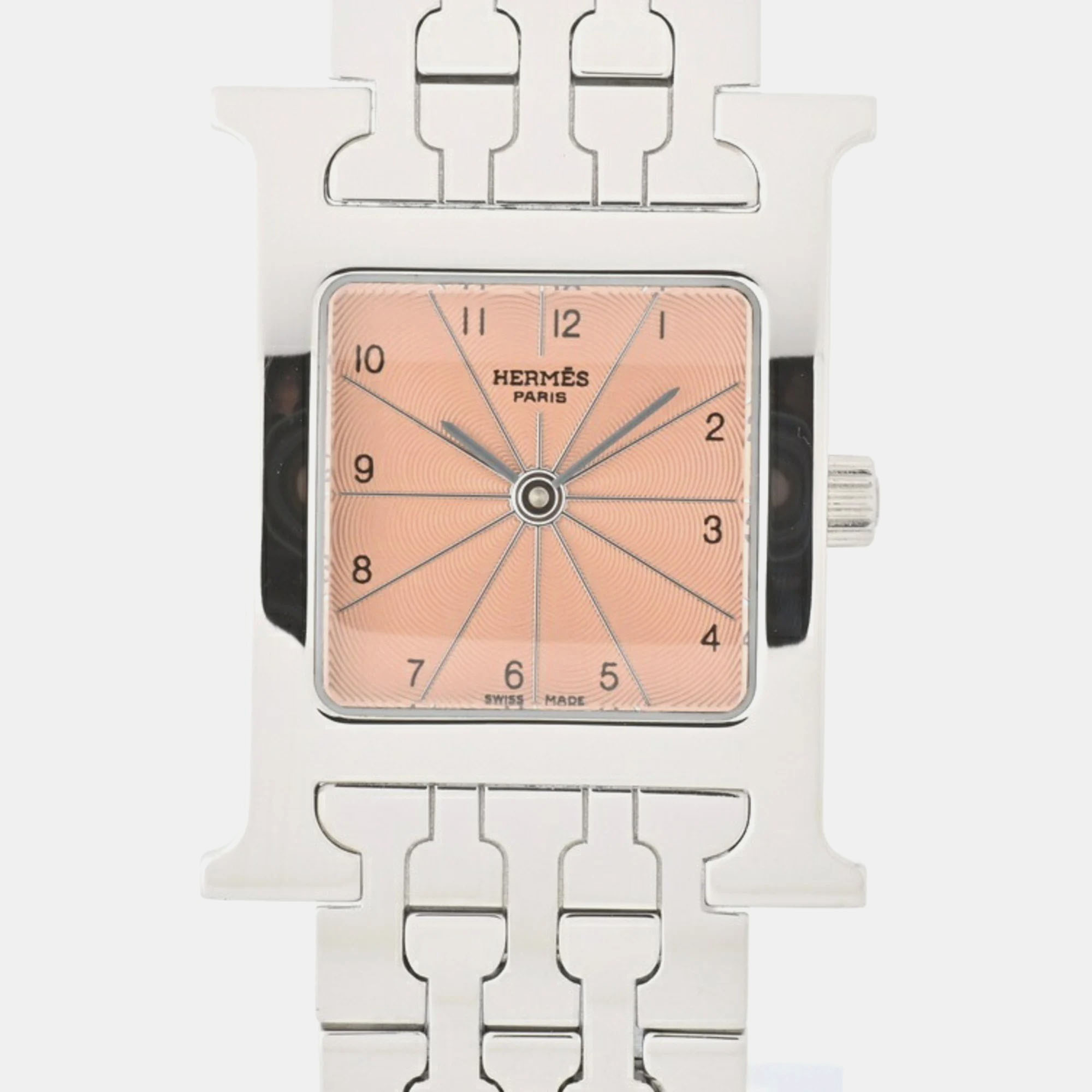 Hermes pink stainless steel heure h hh1.210 quartz women's wristwatch 21 mm