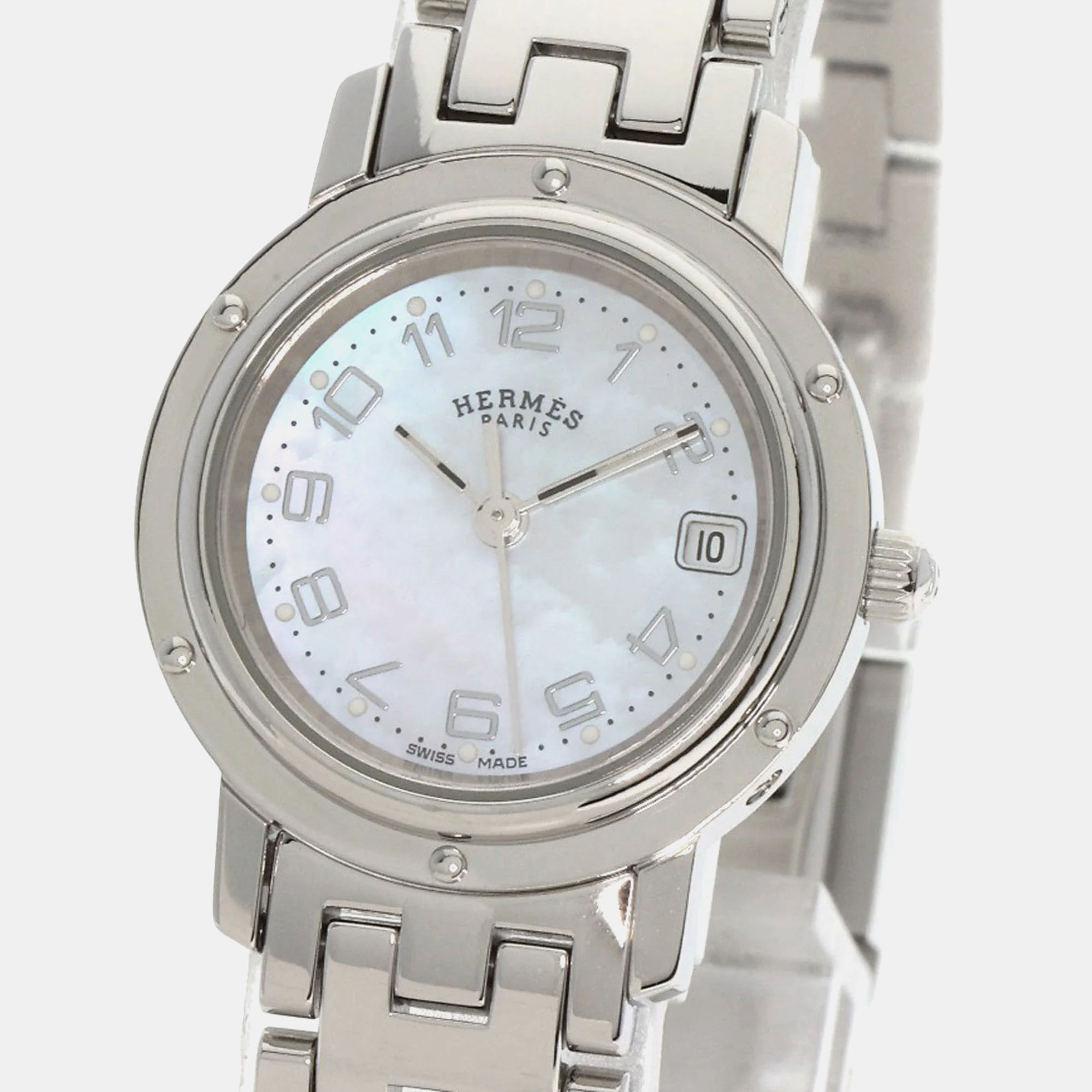 Hermes Silver Stainless Steel Clipper CL4.210 Quartz Women's Wristwatch 29 Mm