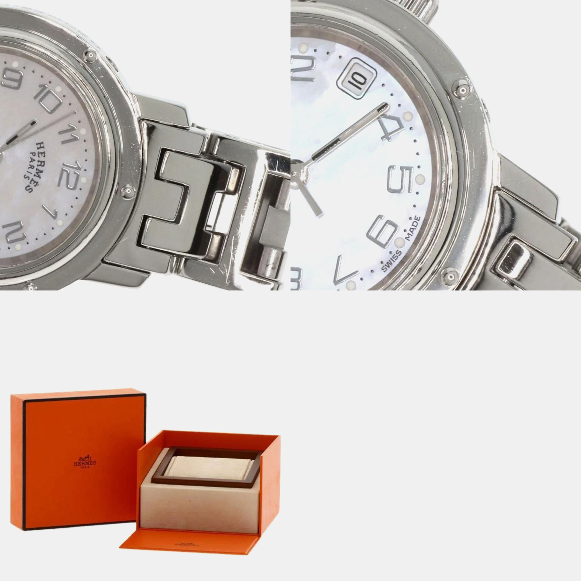 Hermes Silver Stainless Steel Clipper CL4.210 Quartz Women's Wristwatch 29 Mm