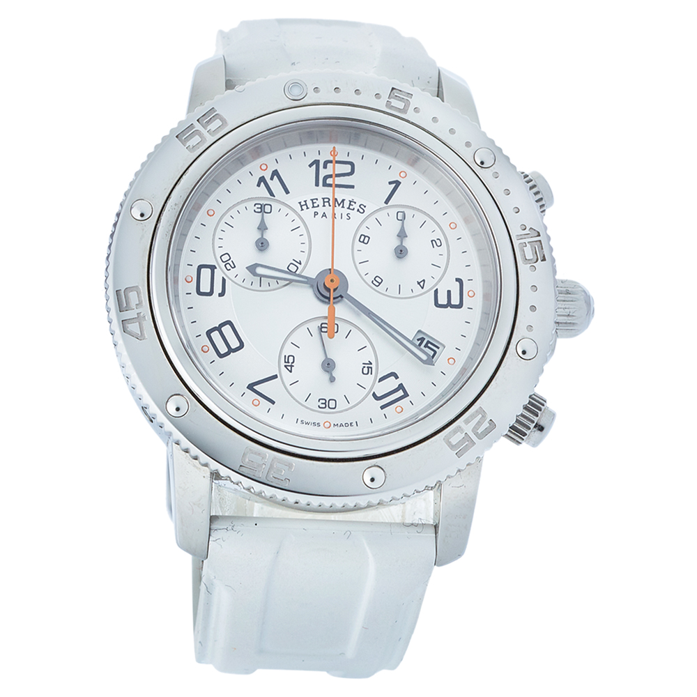 Hermes Silver Stainless Steel & Rubber Clipper Chronograph CP2.410 Unisex Wristwatch 36 mm