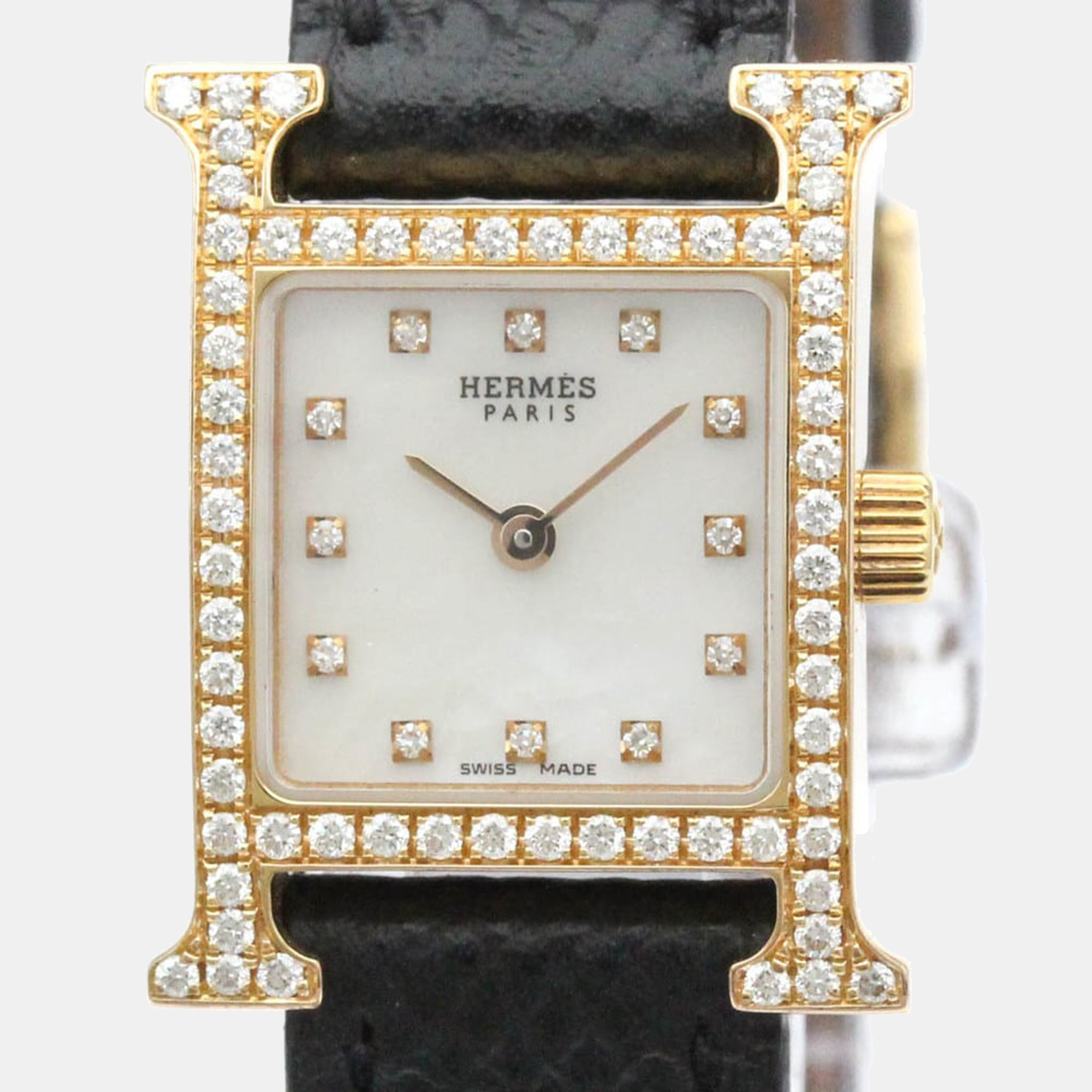 Hermes mop diamonds 18k rose gold hh1.171 women's wristwatch 17 mm