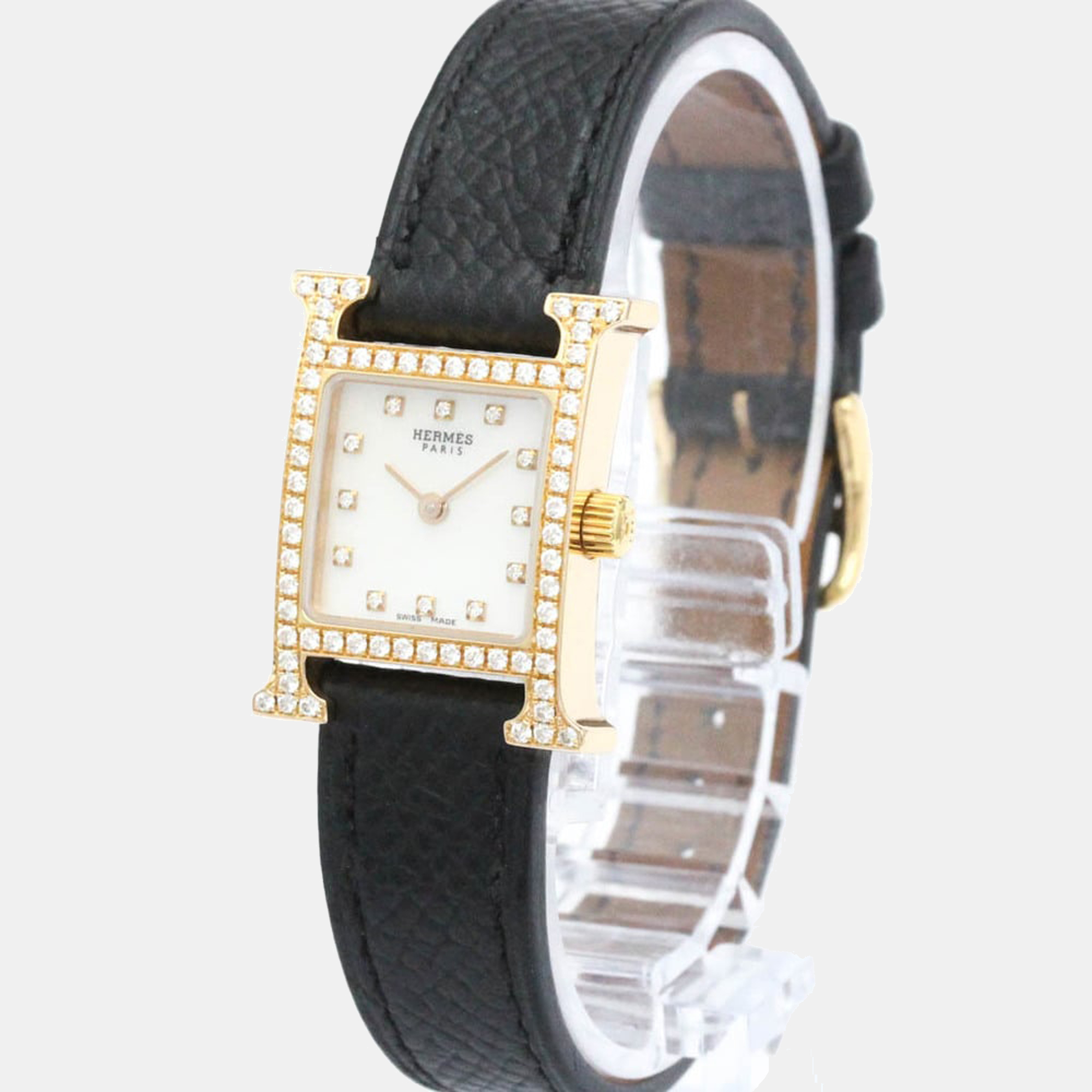 Hermes MOP Diamonds 18K Rose Gold HH1.171 Women's Wristwatch 17 Mm