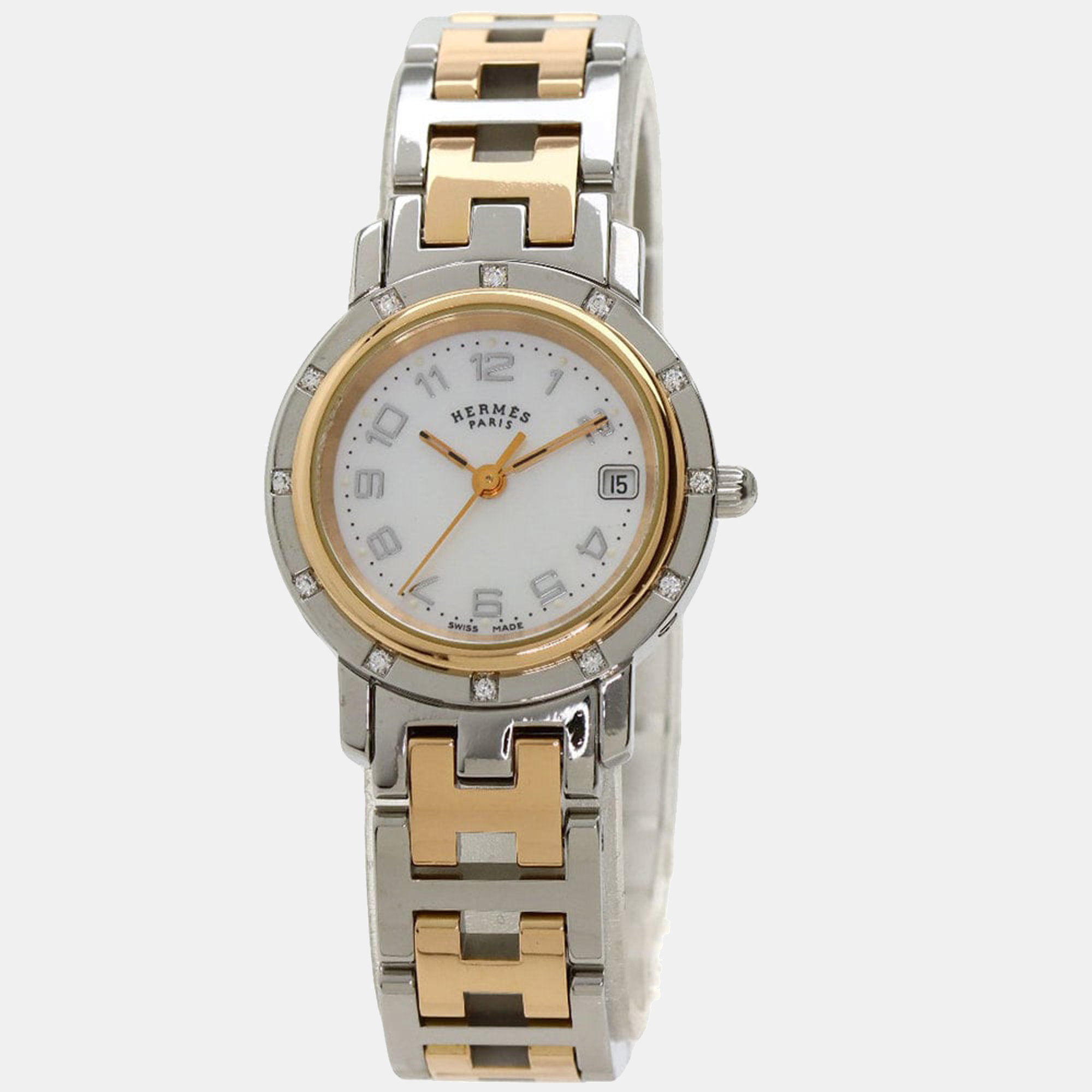 Hermes mop yellow gold plated stainless steel clipper cl4.222 women's wristwatch 24 mm