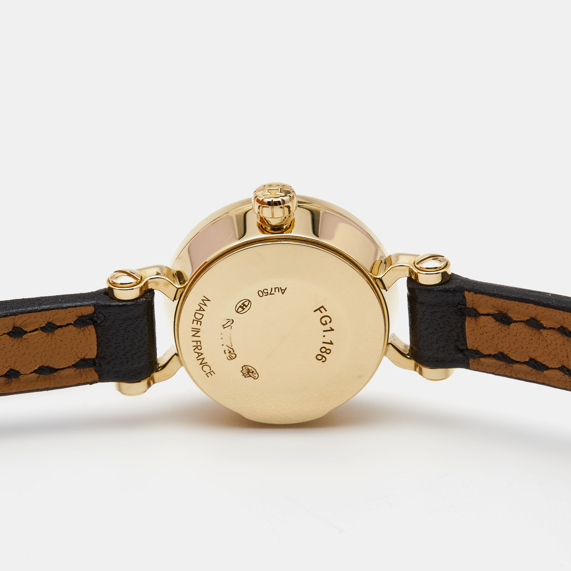 Hermes White 18k Yellow Gold Diamond Calfskin Faubourg W049308WW00 Women's Wristwatch 15 Mm