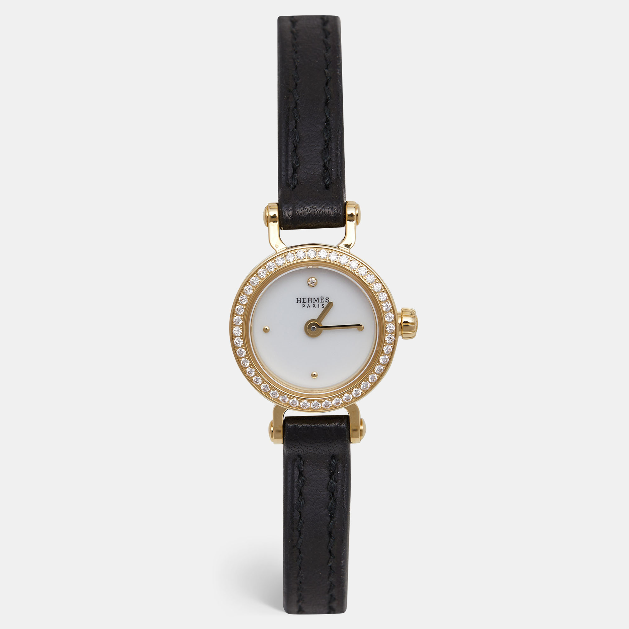 Hermes White 18k Yellow Gold Diamond Calfskin Faubourg W049308WW00 Women's Wristwatch 15 Mm