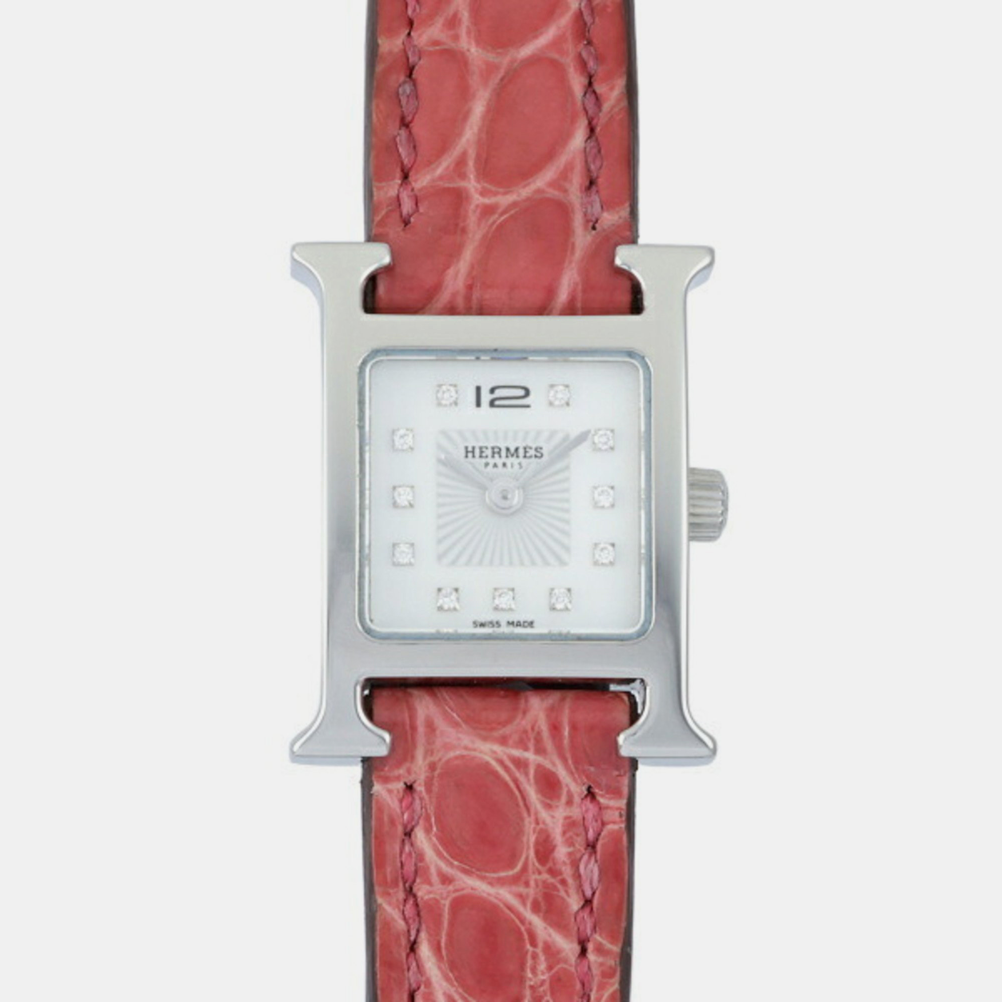 Hermes White Diamond Stainless Steel H Hour Quartz Women's Wristwatch 17.2 Mm