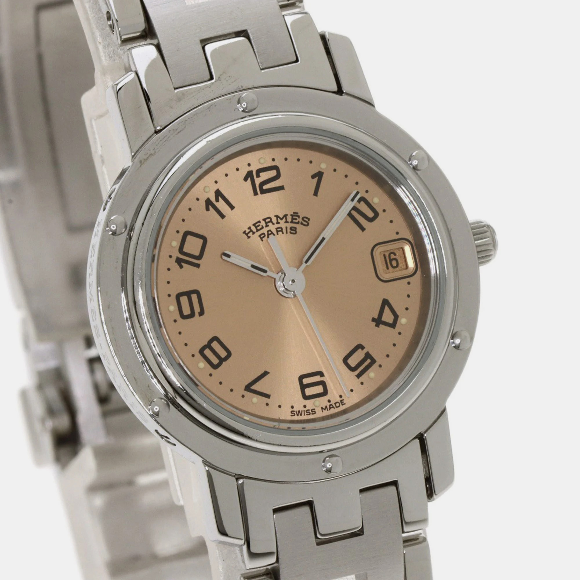 Hermes Pink Stainless Steel Clipper CL4.210 Quartz Women's Wristwatch 24 Mm