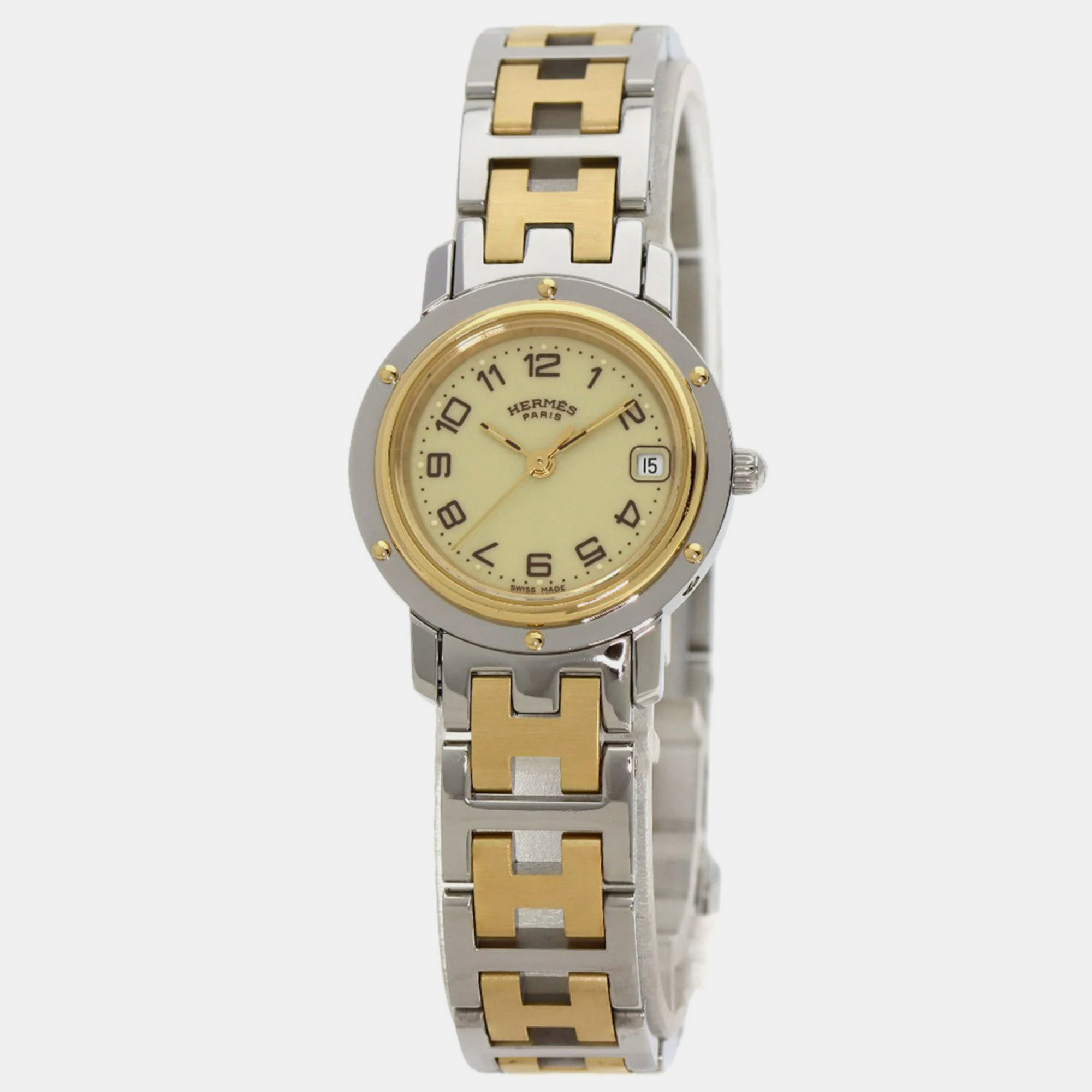 Hermes Champagne Yellow Gold Plated And Stainless Steel Clipper CL4.220 Quartz Women's Wristwatch 24 Mm