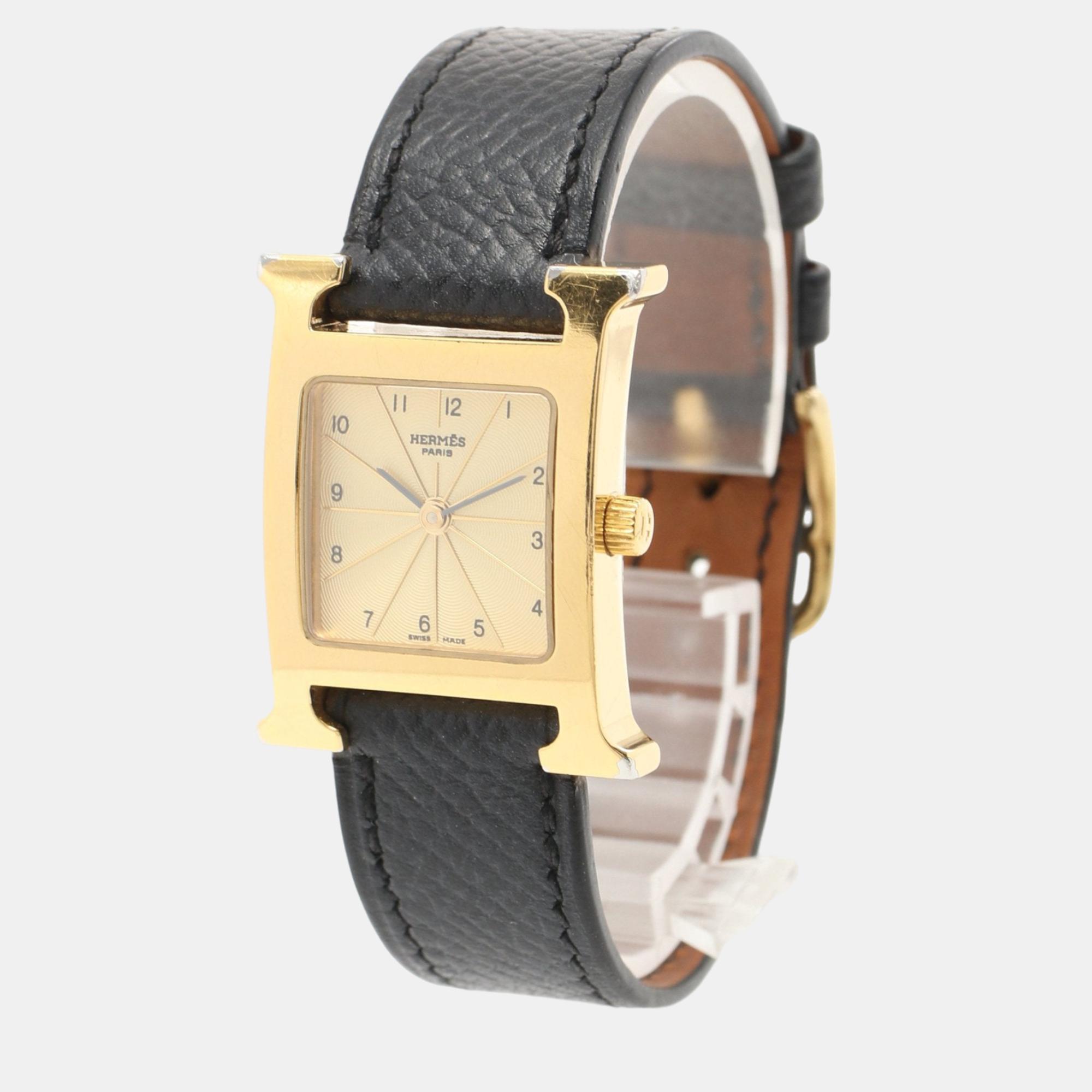 Hermes h watch women watch quartz gp veau epsom gold black gold guilloche dial m stamp (manufactured around 2009)