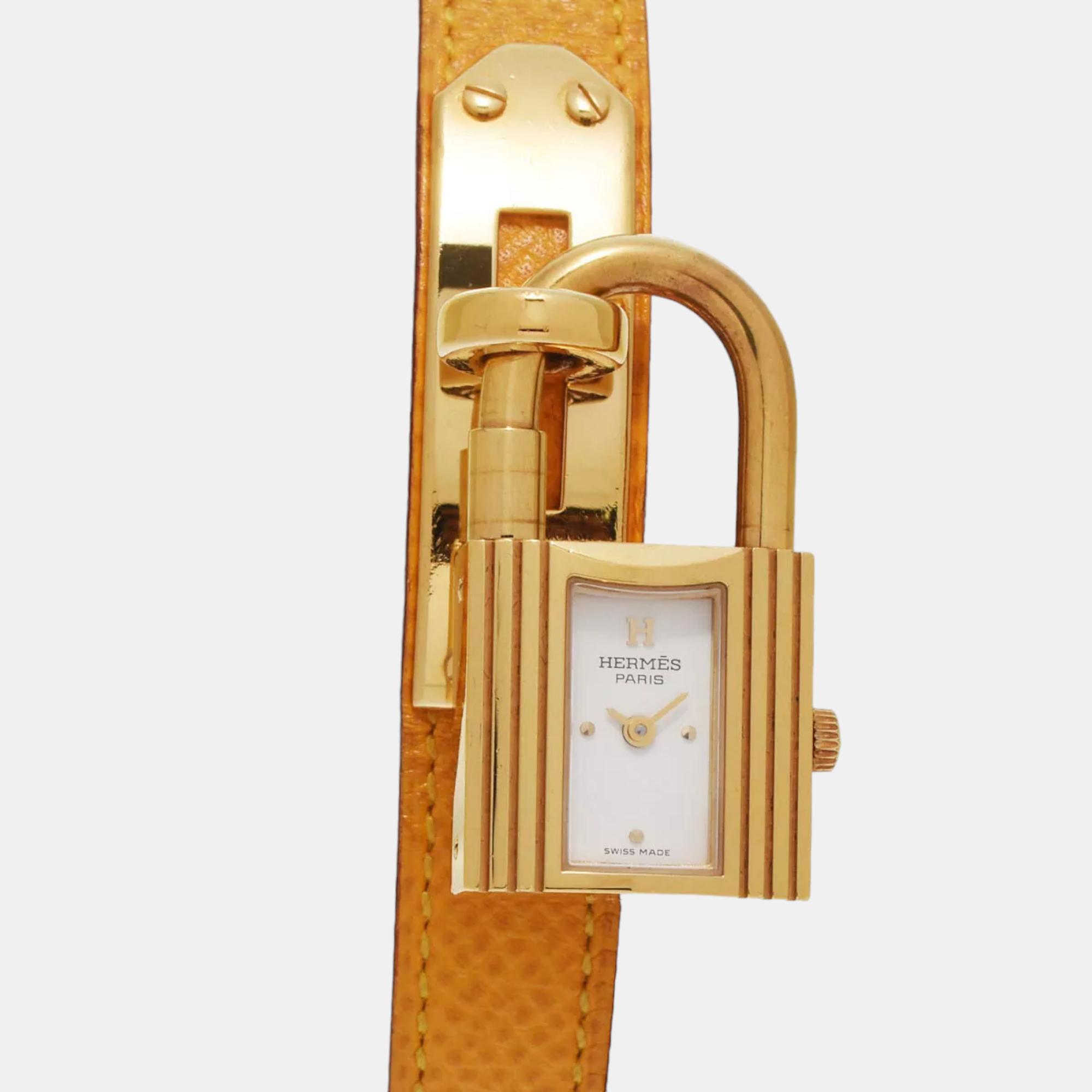 Hermes white yellow gold plated, stainless steel kelly ke1.201.170 quartz women's wristwatch 20 mm