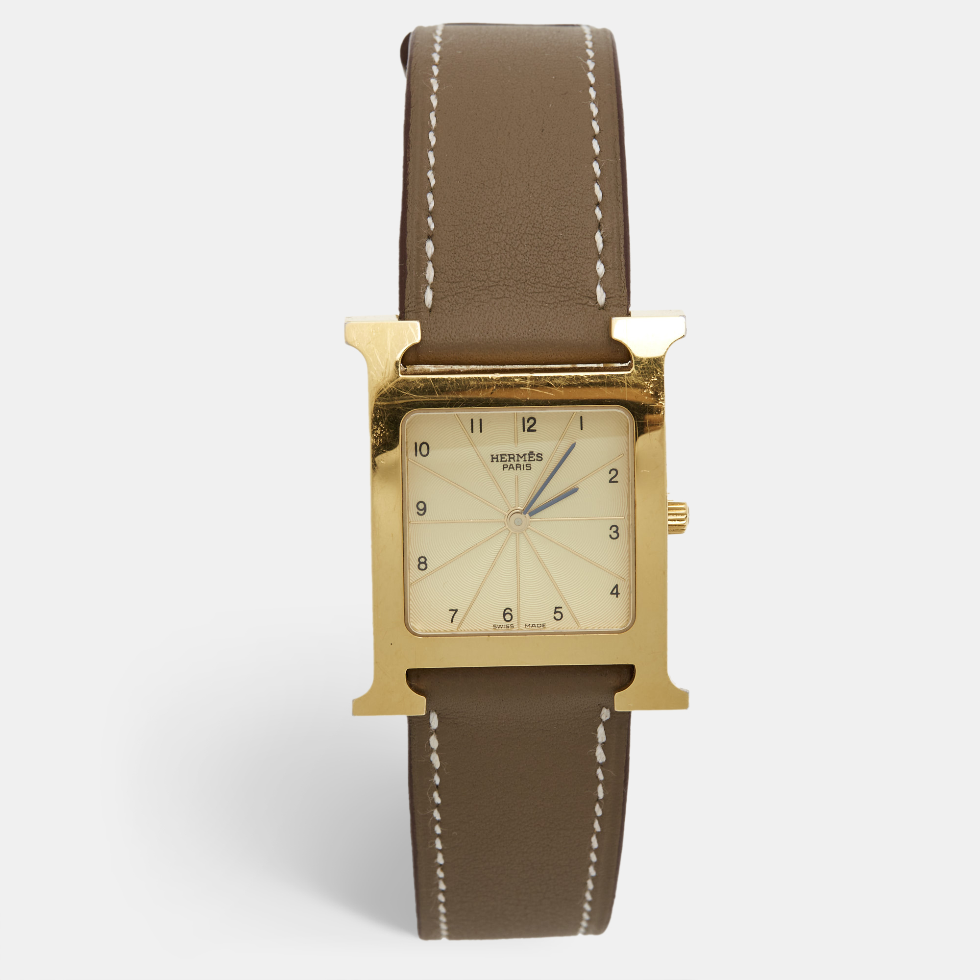 Hermes herm&egrave;s  champagne gold plated stainless steel leather heure h hh1.501 women's wristwatch 26 mm