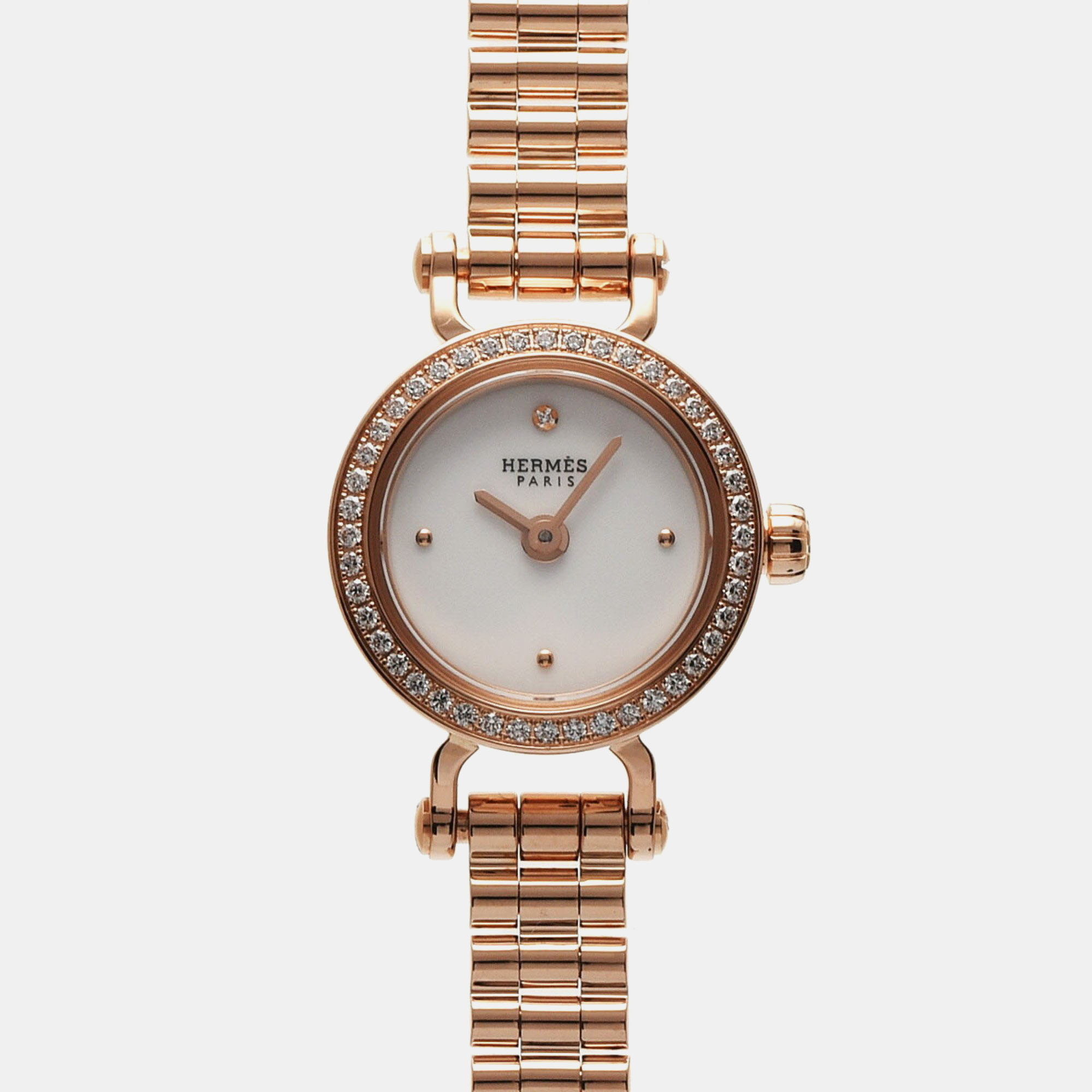 Hermes white 18k rose gold faubourg fg1.171 quartz women's wristwatch 15.5 mm