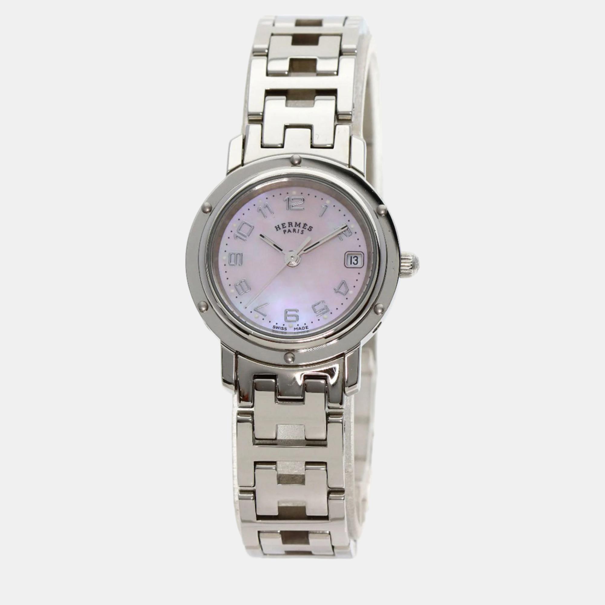 Hermes pink shell stainless steel clipper cl4.210 quartz women's wristwatch 24 mm