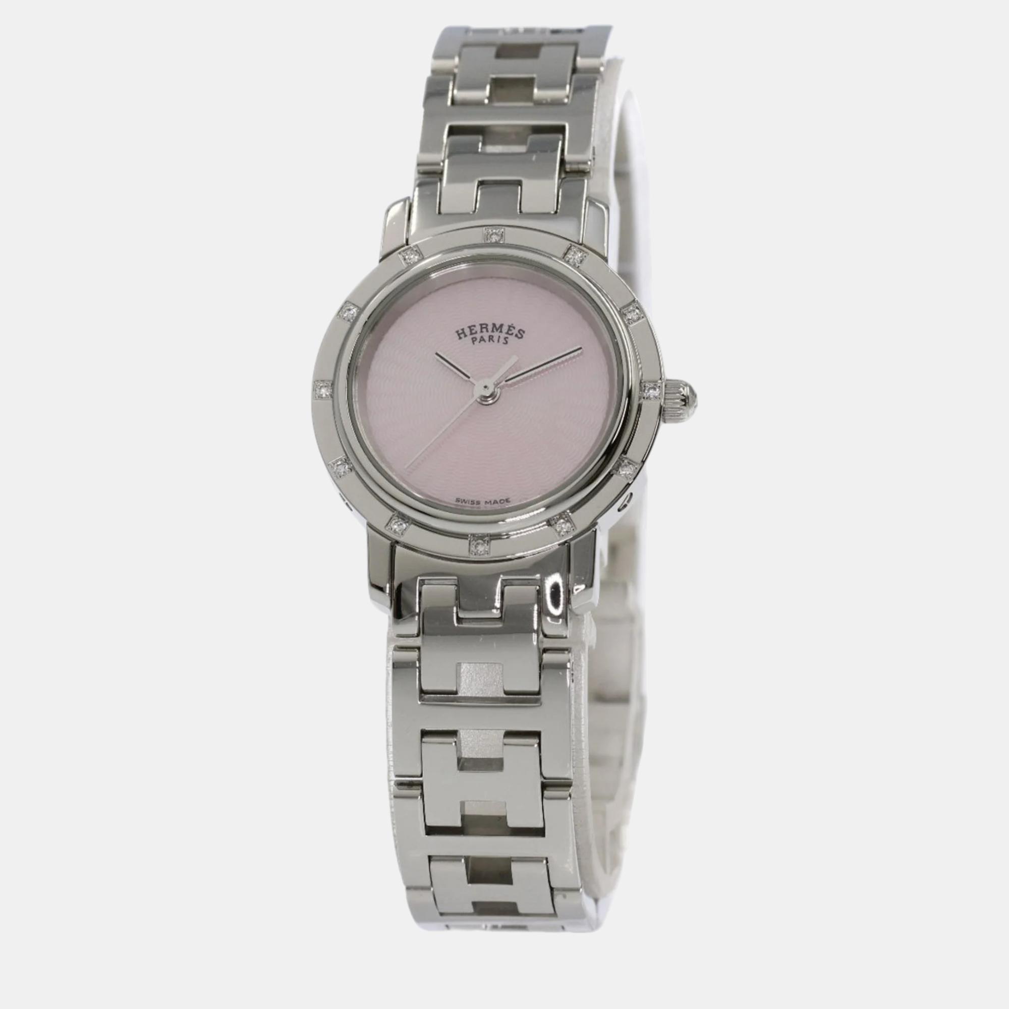 Hermes pink shell stainless steel clipper cl4.230 quartz women's wristwatch 24 mm