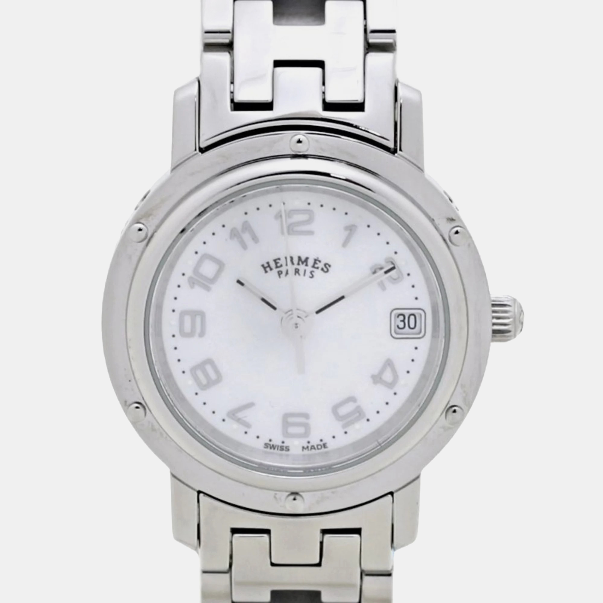 Hermes white shell stainless steel clipper cl4.210.212 3821 quartz women's wristwatch 24 mm