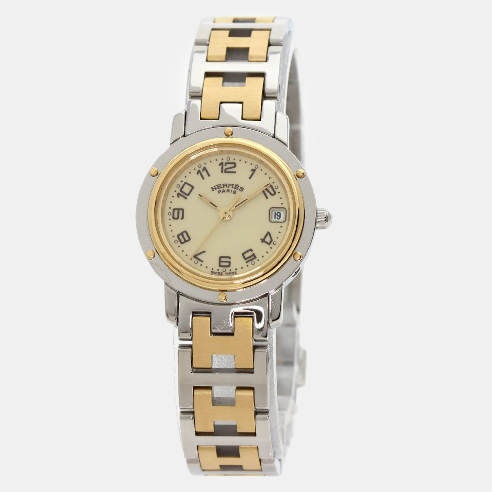 Hermes ivory 18k yellow gold plated stainless steel clipper cl4.220 quartz women's wristwatch 24 mm