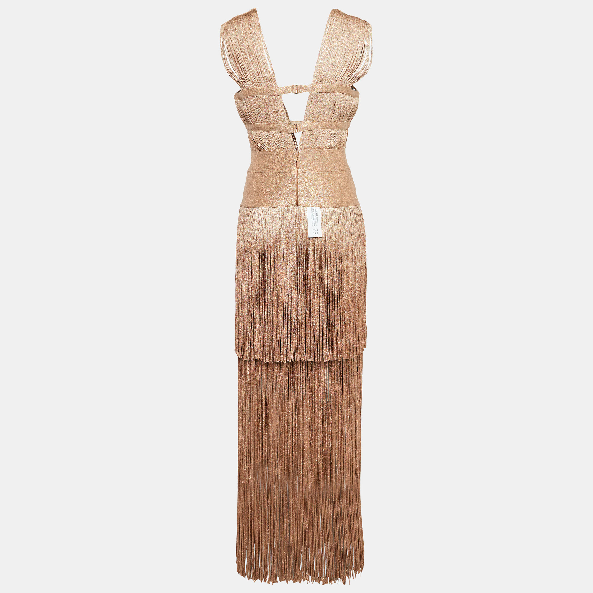 Herve Leger Metallic Lurex Knit Fringed Bodycon Evening Gown M