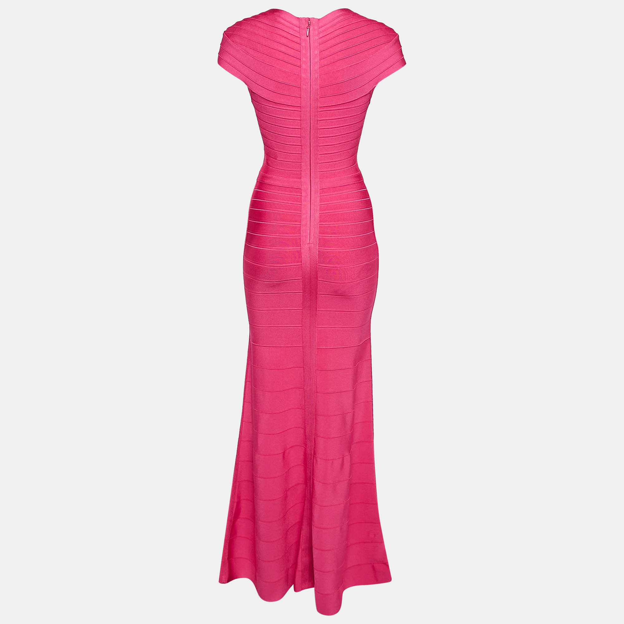 Herve Leger Pink Bandage Knit Cap Sleeve Flared Gown S