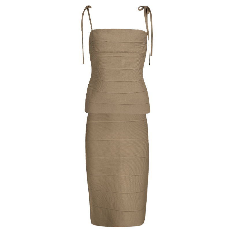 Image of Herve Leger Brown Bandage Tie Detail Top and Skirt Set M