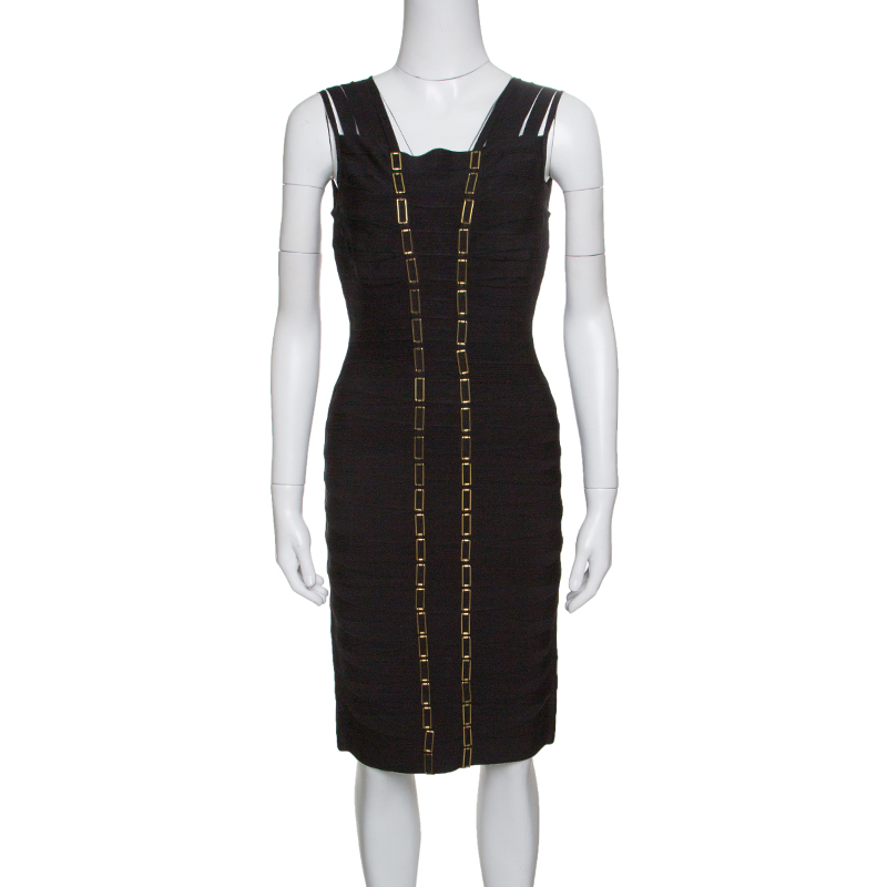 Herve leger black metal chain link detail bandage gemma dress m