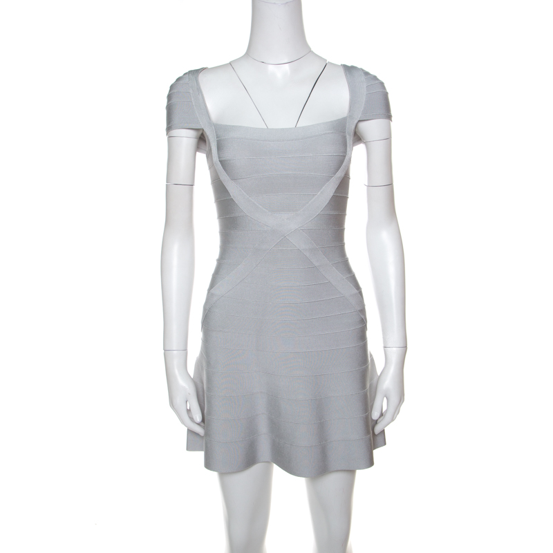 Image of Herve Leger Icy Grey Cap Sleeve Makayla Bandage Skater Dress XXS