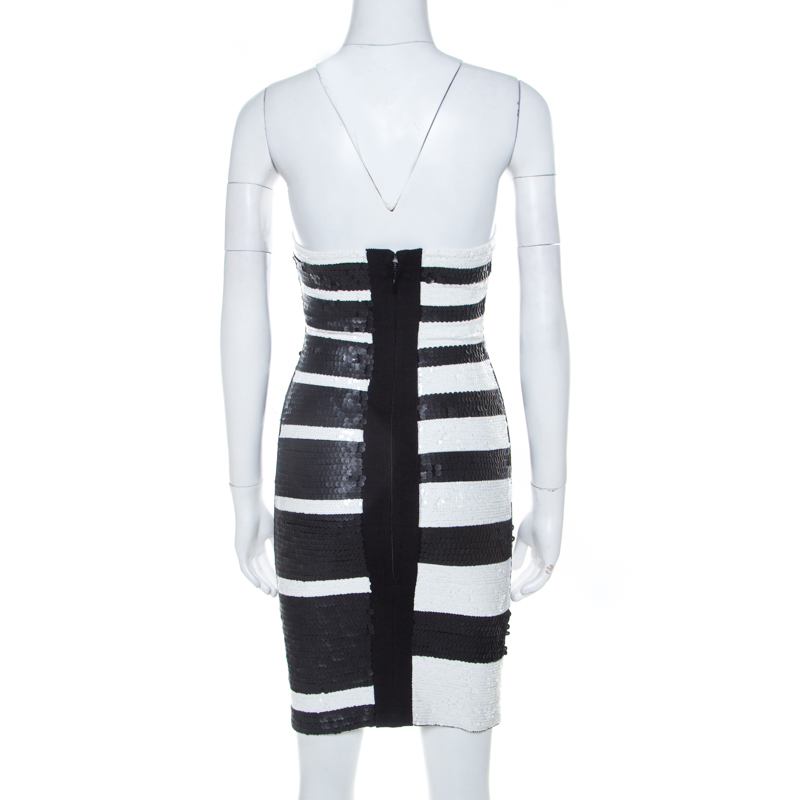 Hervé Leger Black And White Sequined Piano Strapless Cocktail Dress XS